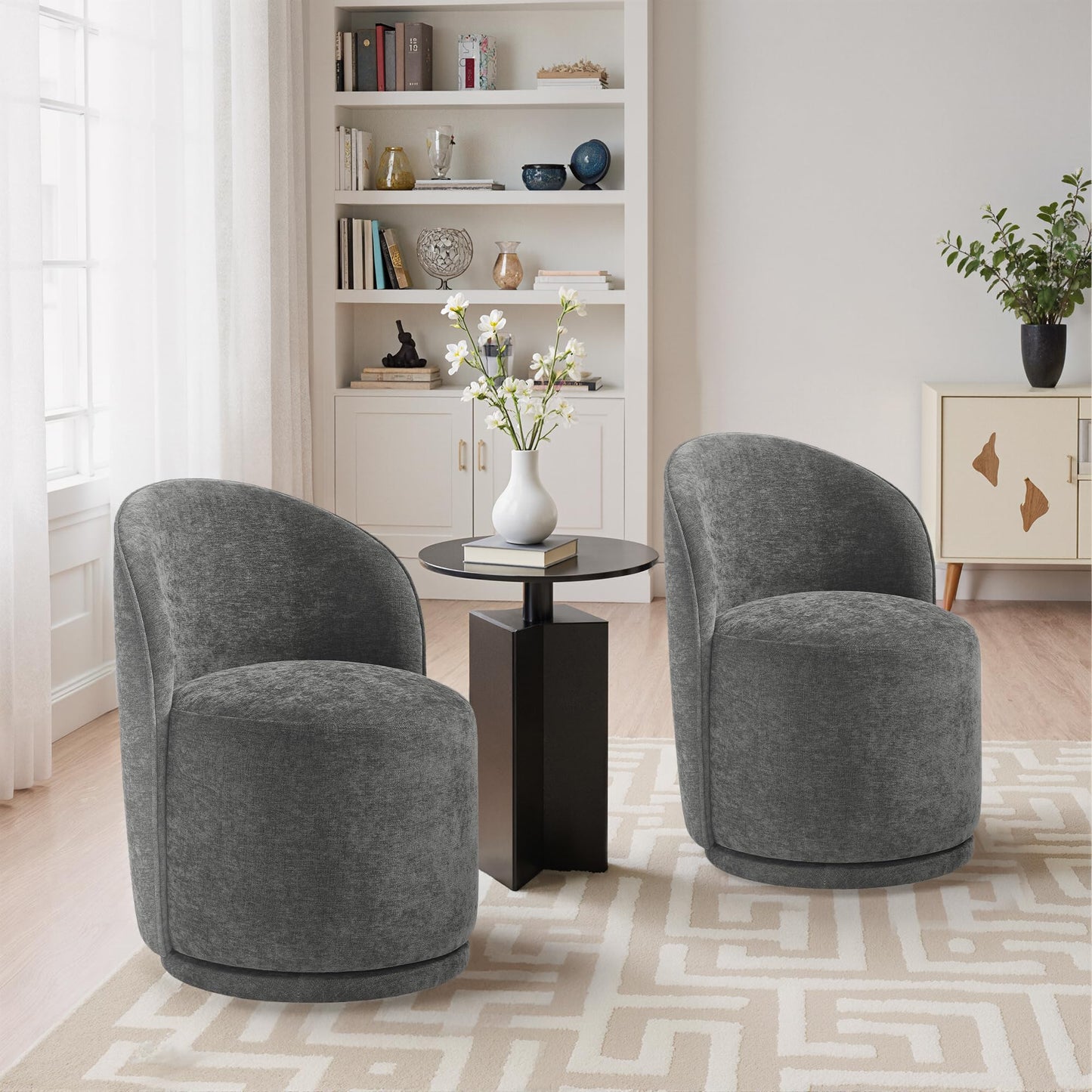 Swivel Barrel Dining Chairs Set of 2, Faux Leather Upholstered Round Dining Chairs, 360° Swivel Vanity Chair Comfy Armless Accent Makeup Chair for Dining/Living Room Makeup Room, Brown