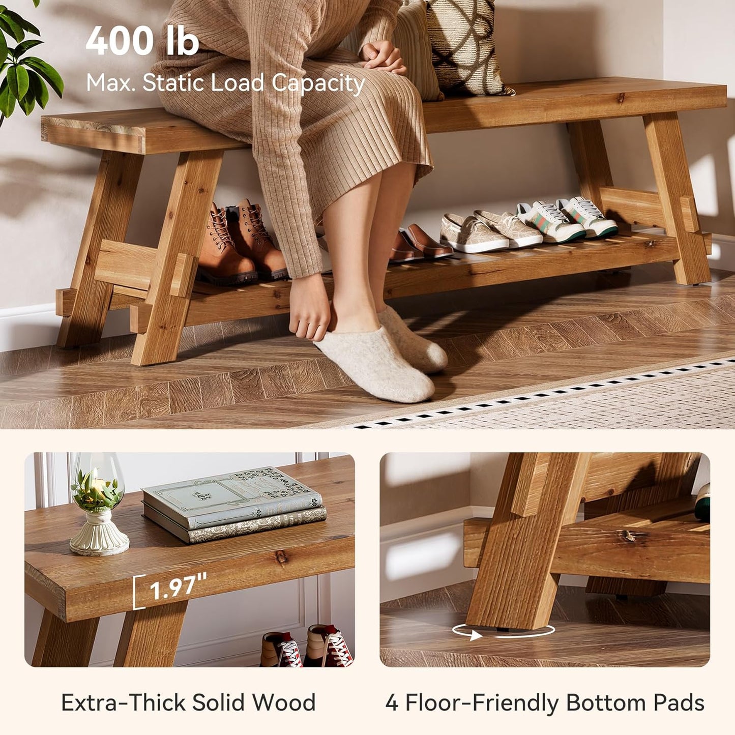 63" Solid Wood Bench, 2-Tier Shoe Rack, Farmhouse Entryway Bench with Shoe Storage, Kitchen Dining Bench, Narrow Shoe Storage Bench for Entryway, Bedroom, Mudroom, Living Room, Rustic Brown