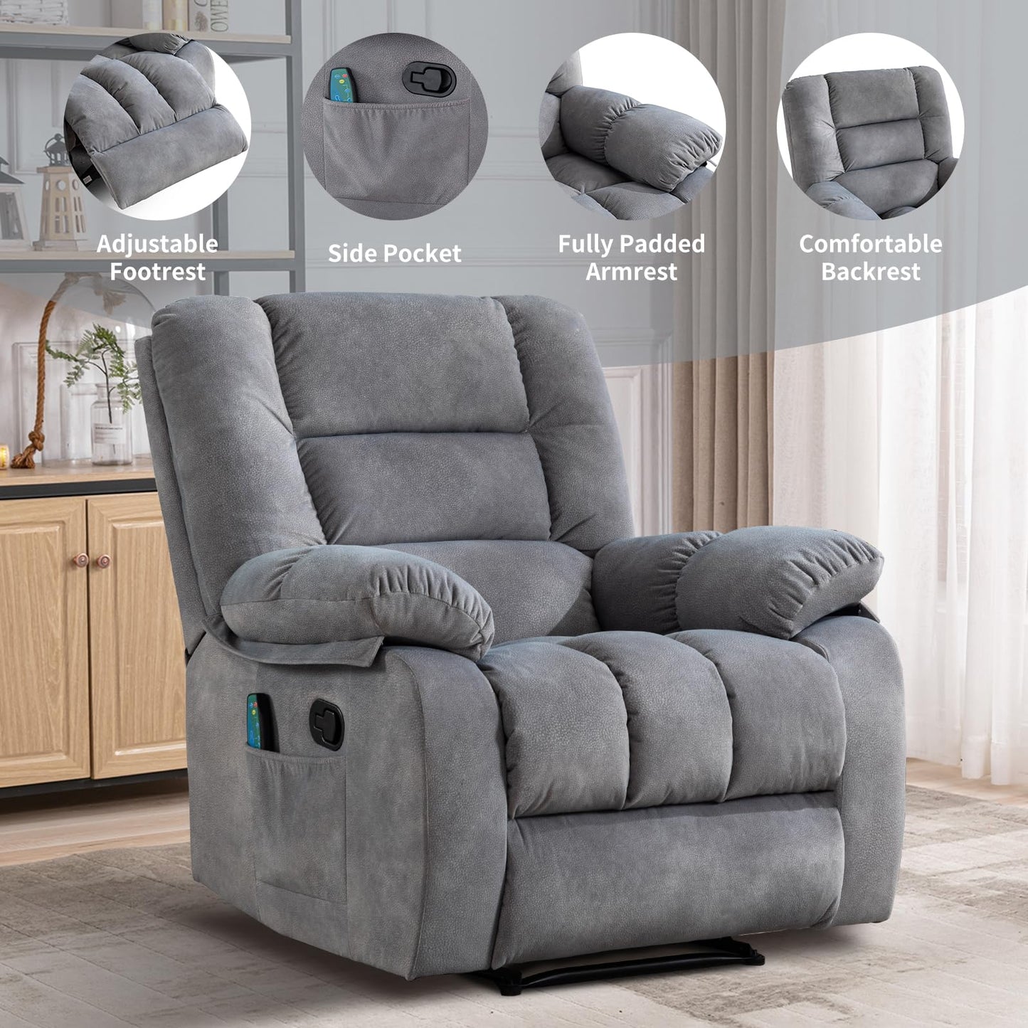 IOMOR Massage Recliner Chair with Heat and Massage, Ergonomic Overstuffed Breathable Fabric Reclining Chairs, Single Sofa Chair with Side Pockets for Living Room Home Theater (Dark Gray)