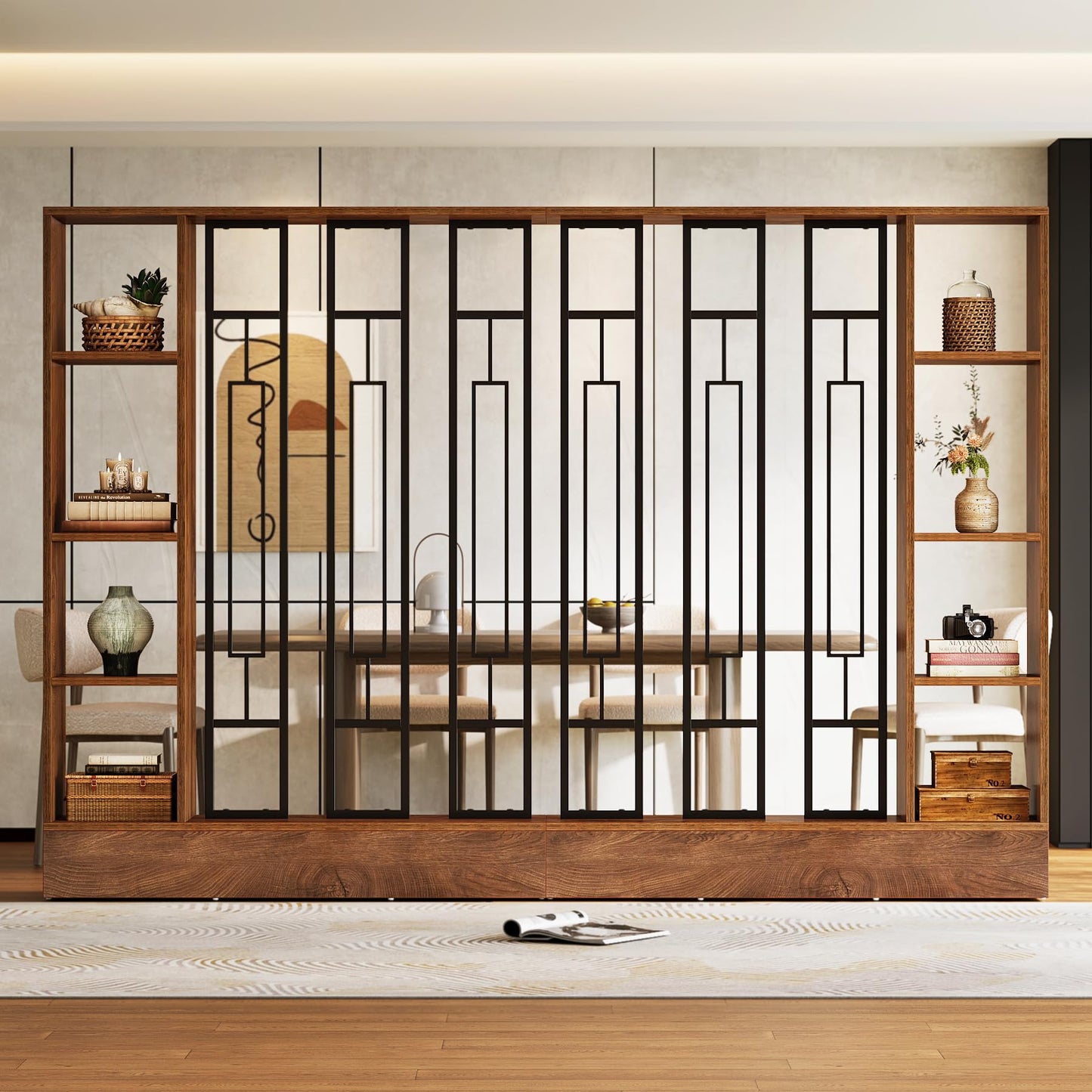 Tribesigns Wall Room Divider with Display Shelves, 70.9" Modern Freestanding Room Divider Screen with Sturdy Base, Wall Partition for Home & Office (Brown & Black, 47.2" W x 11.8" D x 70.9" H)