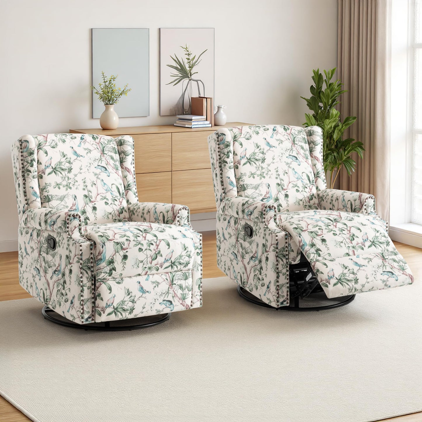Swivel Rocker Recliner Chair, 360° Swivel Wingback Recliner Chairs for Adults, Upholstered Printed Fabric Glider Rocking Chair with High Back, Deep Seat for Living Romm Bedroom, Bird