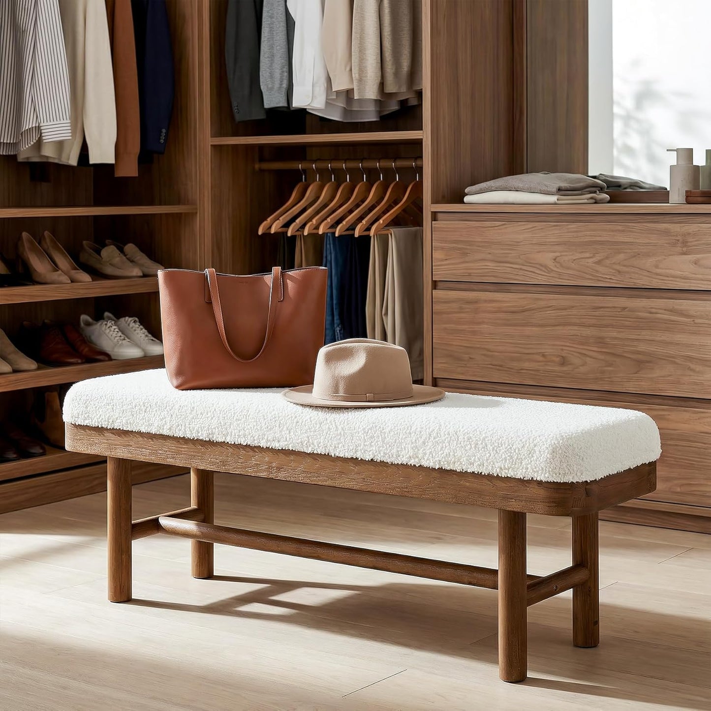 55" Upholstered Bedroom Bench, Solid Wood End of Bed Bench, Modern Indoor Bench with Cushion for Bedroom, Living Room, White & Brown