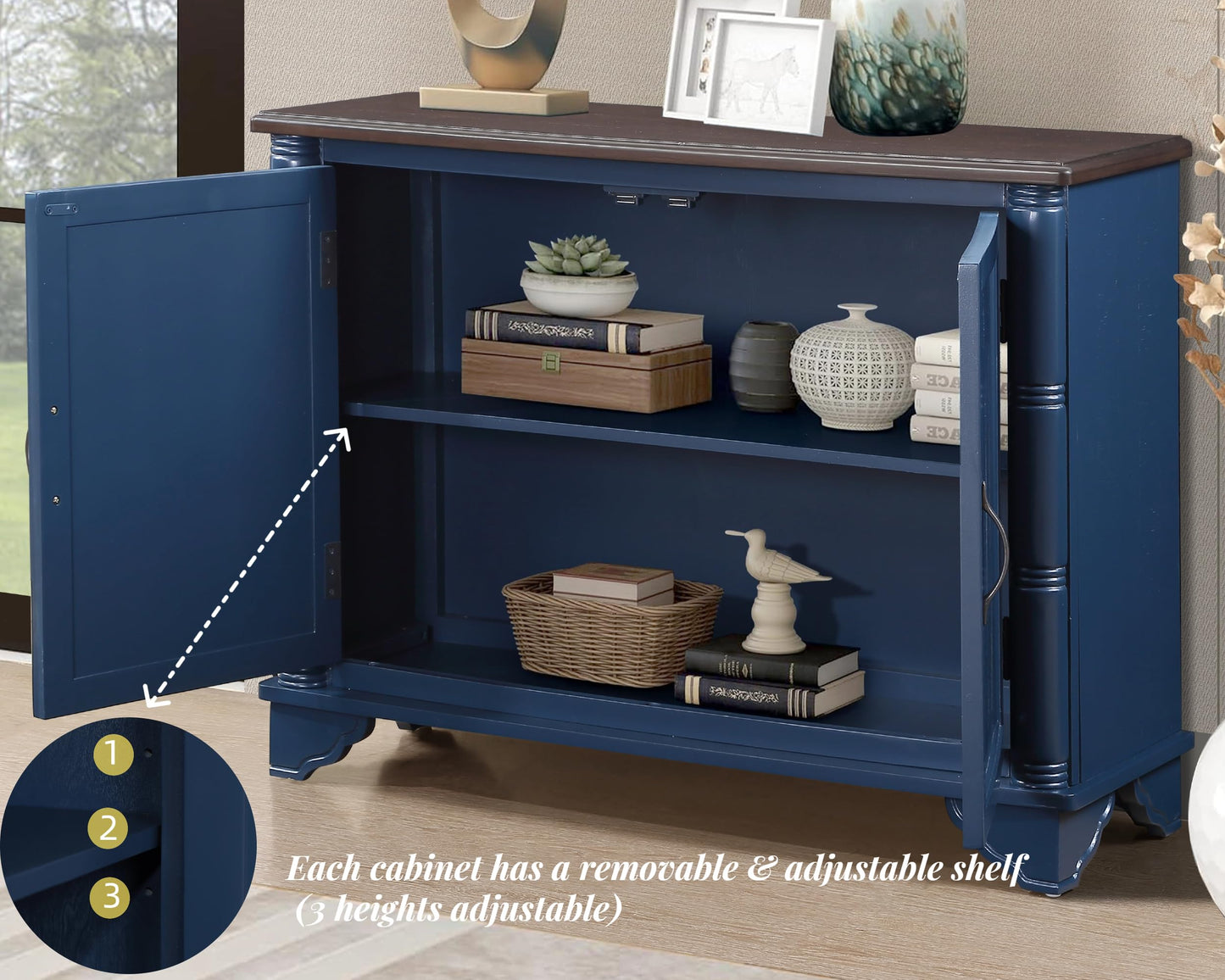 LKTART 40" Sideboard Buffet Accent Storage Cabinet with Carved Pattern Side Board Solid Wood Frame for Kitchen, Living Room, Entryway,Hallway (Blue+Brown)