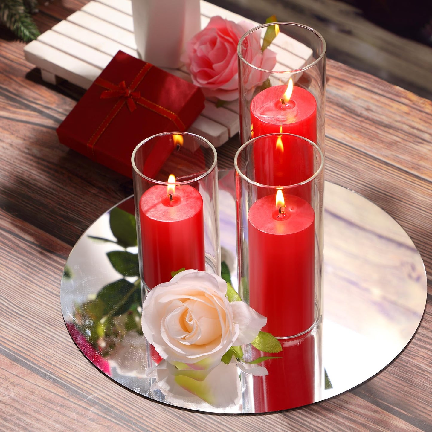 Shihanee Set of 3 Pillar Candles and 3 Glass Cylinder Candle Vases Holders Clear Pillar Jars for Wedding Centerpieces(3'' x 5.9'', 7.9'', 9.8'',Ivory White)