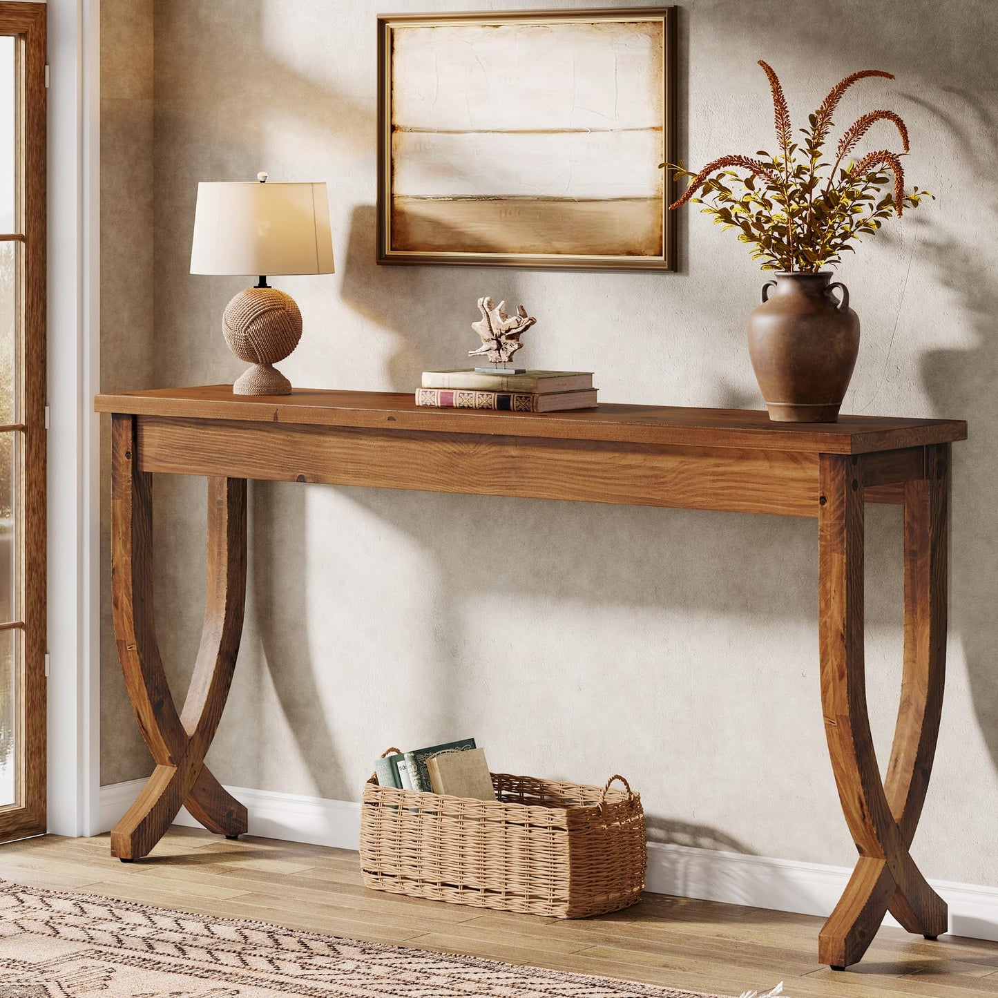 Solid Wood Console Table for Entryway, 63-Inch Narrow Long Sofa Table, Farmhouse Hallway Table for Living Room, Entrance, Foyer (Brown)