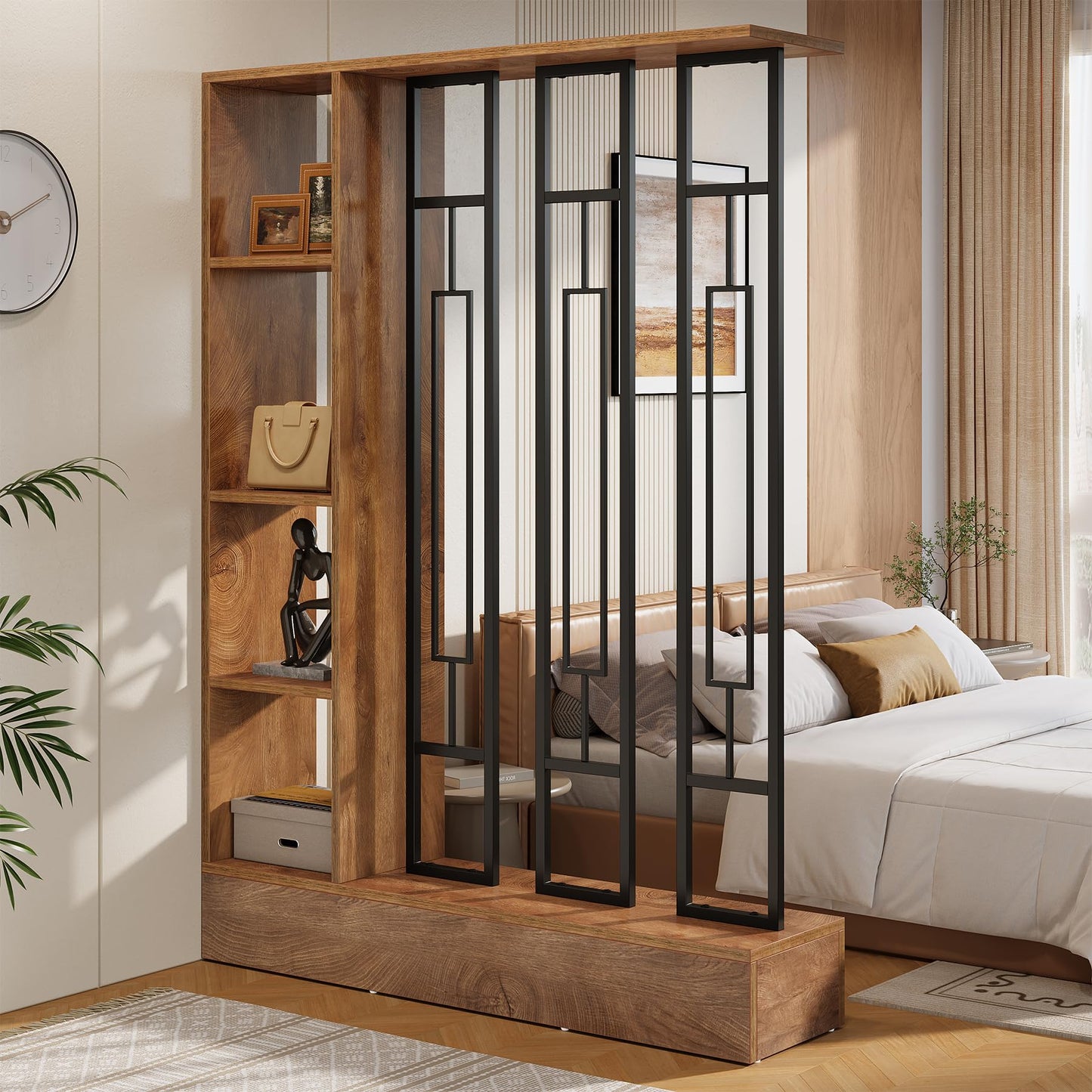 Tribesigns Wall Room Divider with Display Shelves, 70.9" Modern Freestanding Room Divider Screen with Sturdy Base, Wall Partition for Home & Office (Brown & Black, 47.2" W x 11.8" D x 70.9" H)