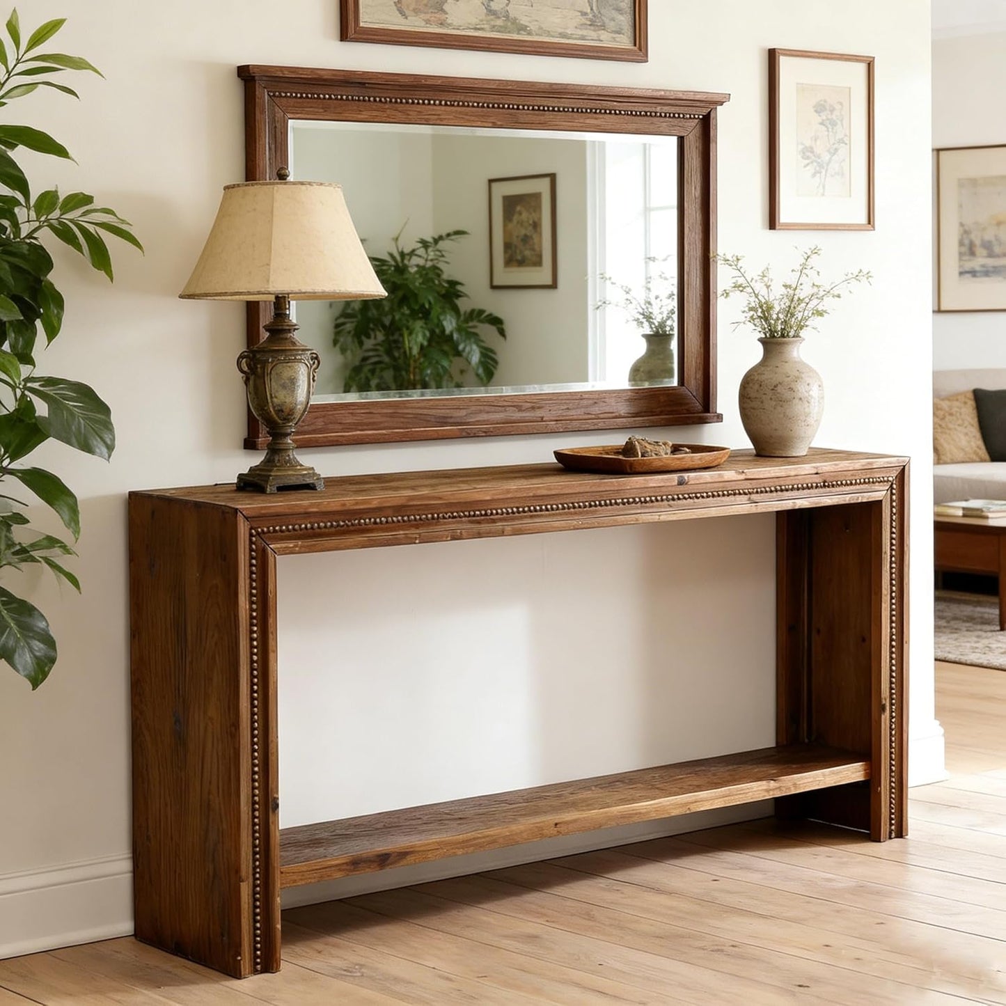 63" Solid Wood Console Table, Farmhouse Narrow Long Entryway Table with 2-Tier Storage Shelf for Living Room, Hallway, Entryway, Easy Assembly, Brown