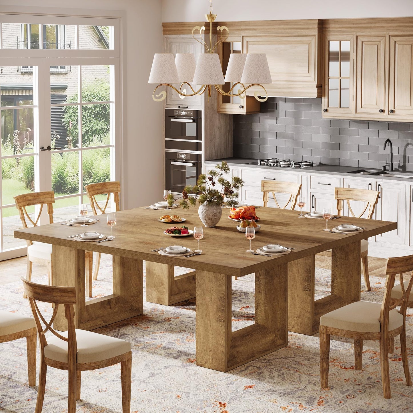Tribesigns Farmhouse Dining Table, 63-Inch Rectangular Kitchen Table with Strong Geometric Frame for Kitchen & Dining & Living Room, Brown