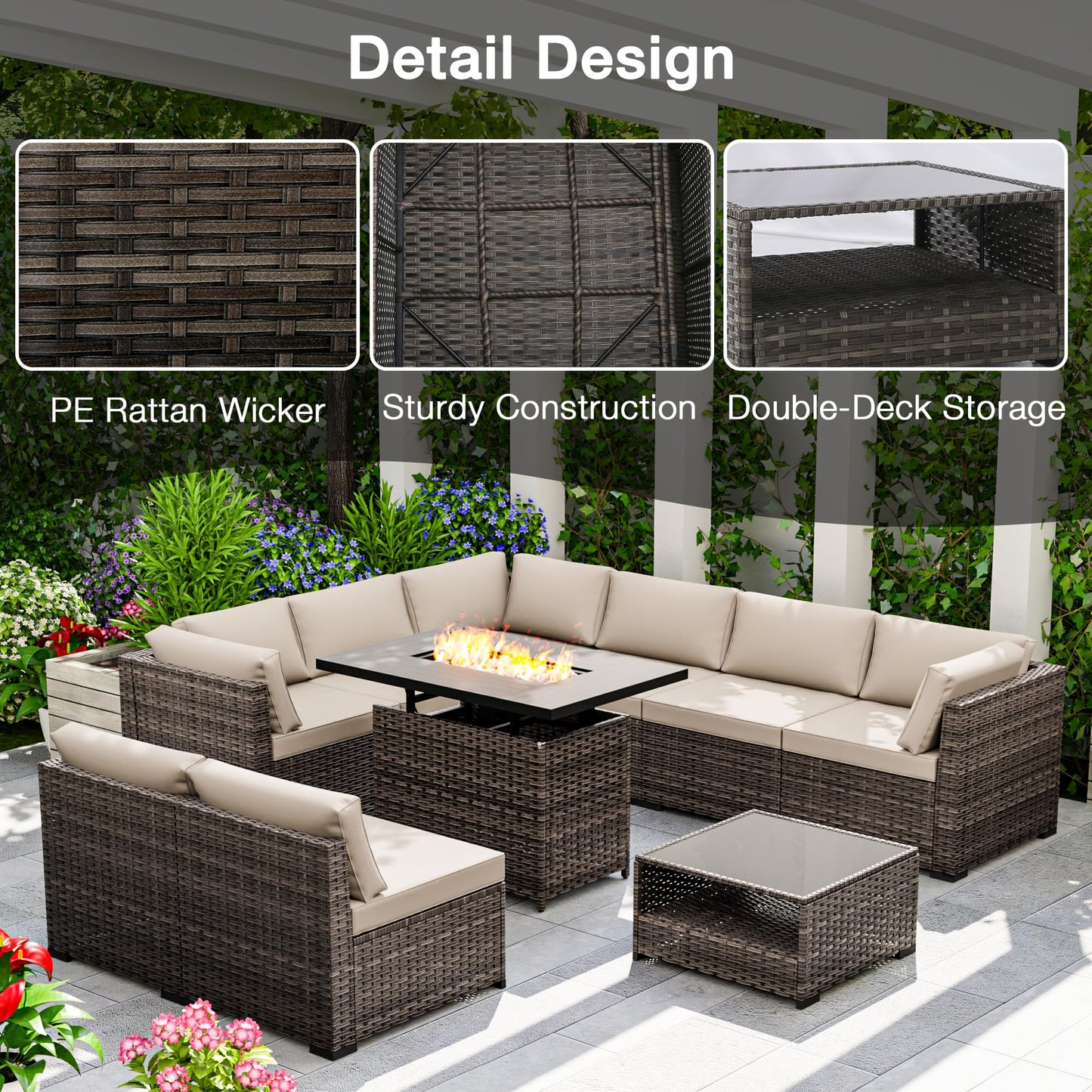 Joyside 5-Piece Patio Furniture Set, Rattan Outdoor Sectional Wicker Patio Conversation Set with Cushions and Coffee Table