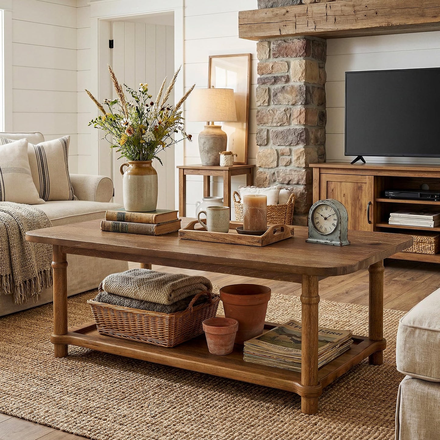 47" Rectangle Coffee Table, Solid Wood Center Table with 2-Tier Storage, Modern Farmhouse Coffee Furniture for Living Room, Home & Family Room, Light Brown