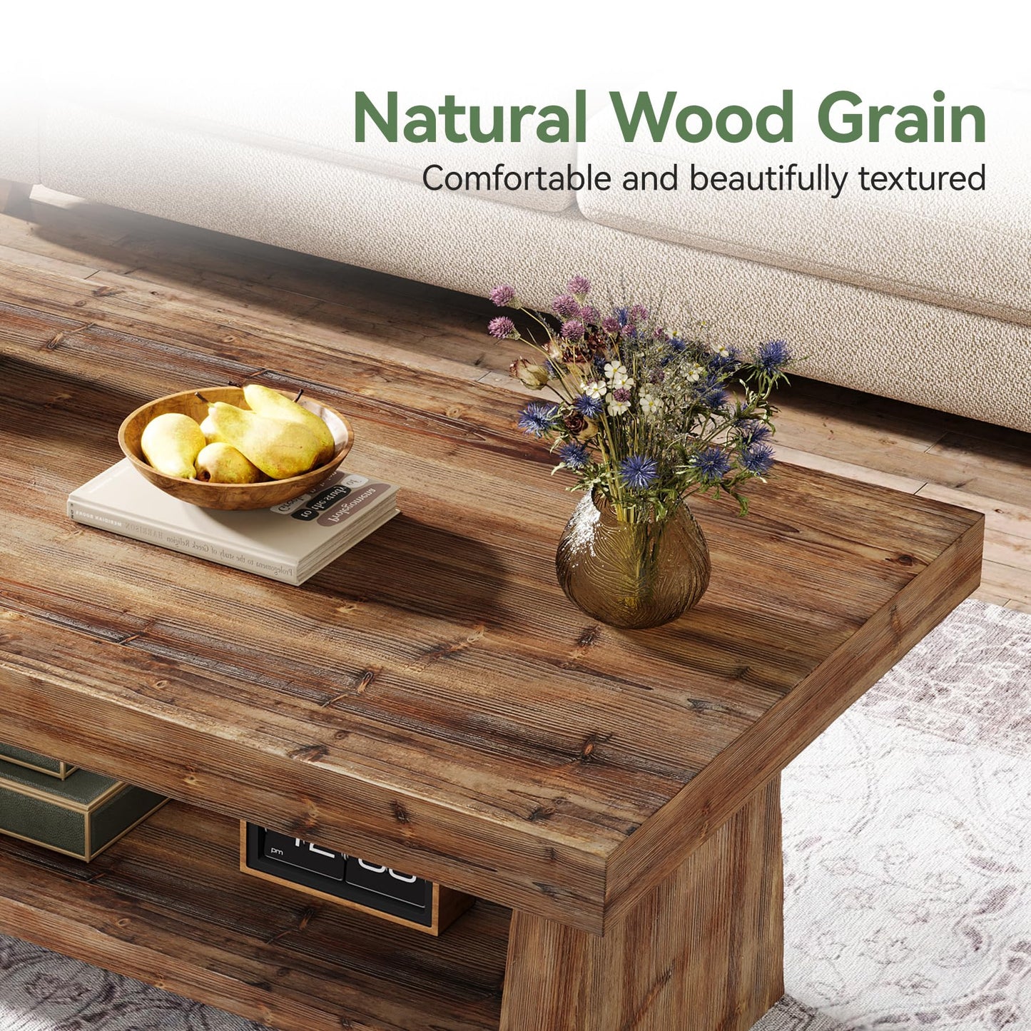 Solid Wood Coffee Table, 47-Inch Farmhouse Wooden Coffee Table for Living Room, 2-Tier Rectangular Center Table with Storage for Apartment, Home Office, Dark Brown