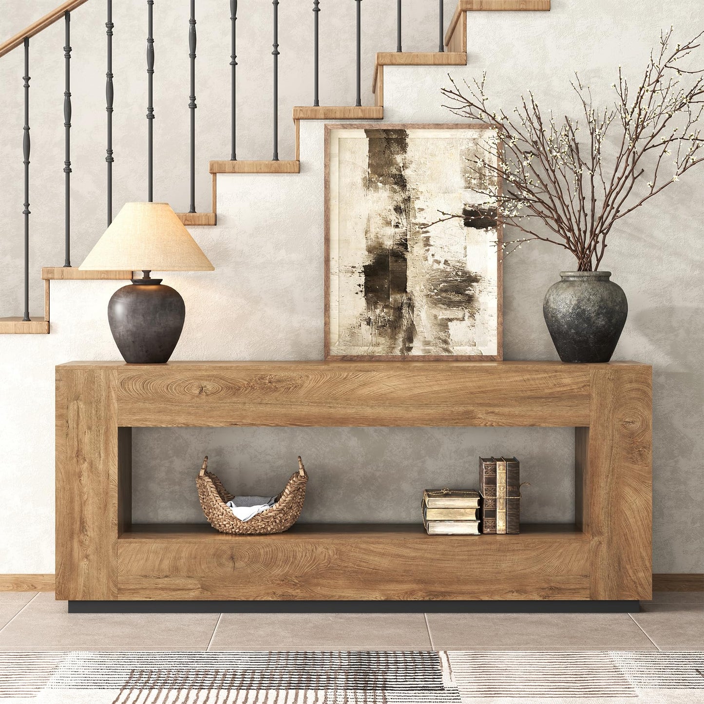 Epecoya 78 Inch Extra Long Console Table for Entryway, 2-Tier Wood Sofa Table Behind Couch with Storage Shelf, Farmhouse Entrance Table with Thickened Base for Living Room, Foyer, Hallway, Oak Brown