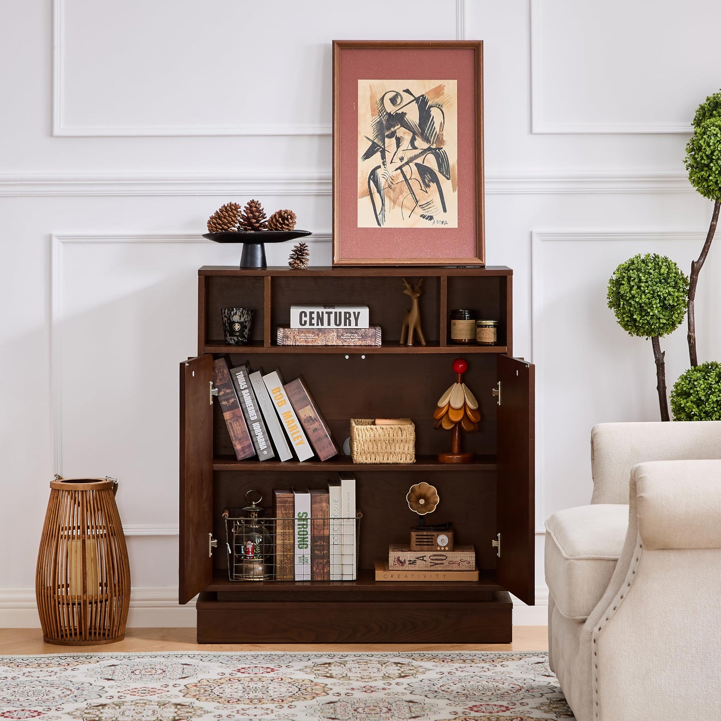 LKTART 63" Rattan Sideboard Buffet Cabinet,Kitchen Storage Cabinet,Wood Coffee Bars with 4 Doors & Open Storage Shelves,Mid Century Modern Credenza Console Table for Living Room,Walnut
