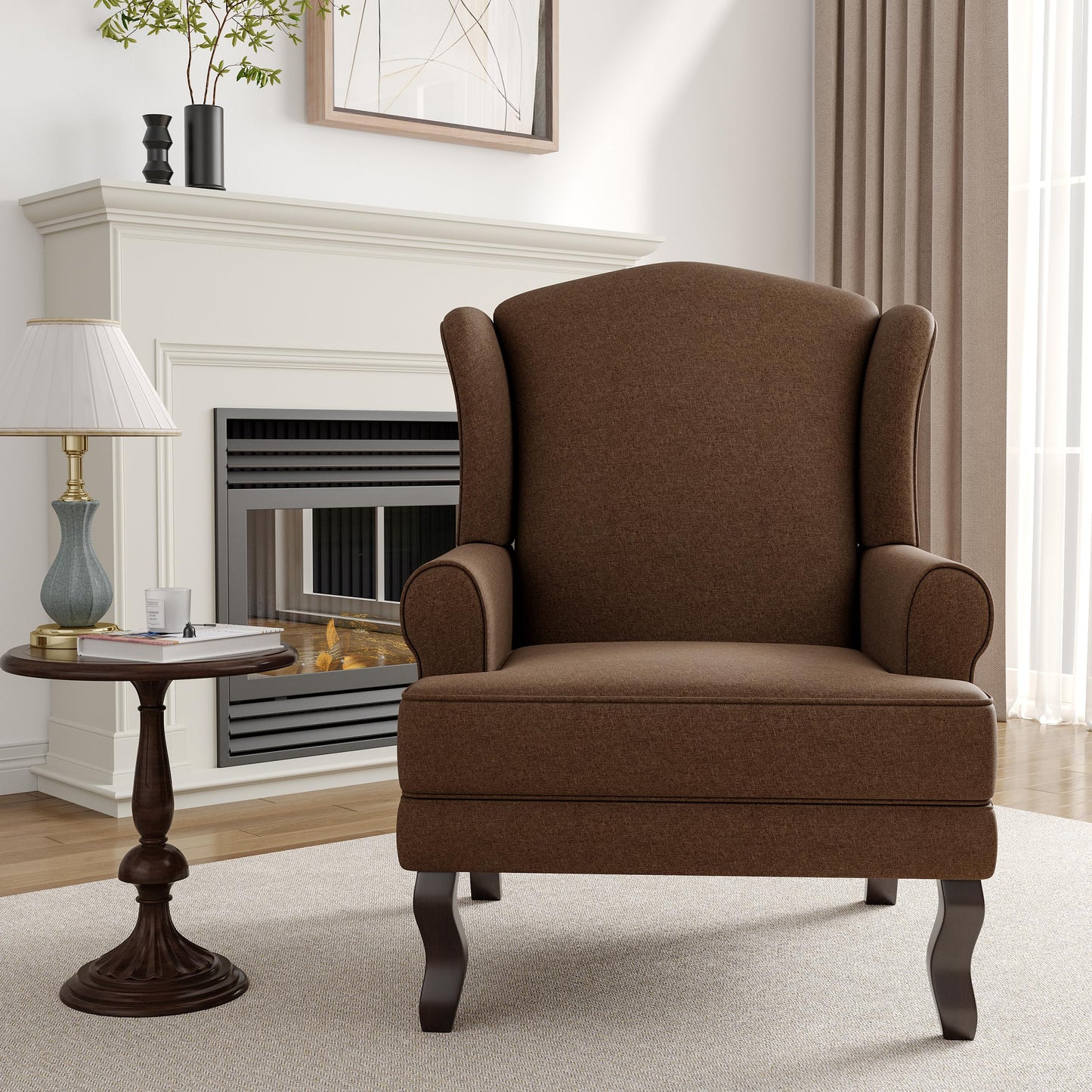 High Back Accent Chair, Comfy Upholstered Fabric Armchair for Living Room, Mid Century Modern Club Accent Chair with Curved Armrests and Solid Legs, Single Sofa Reading Chair for Bedroom, Cranberry
