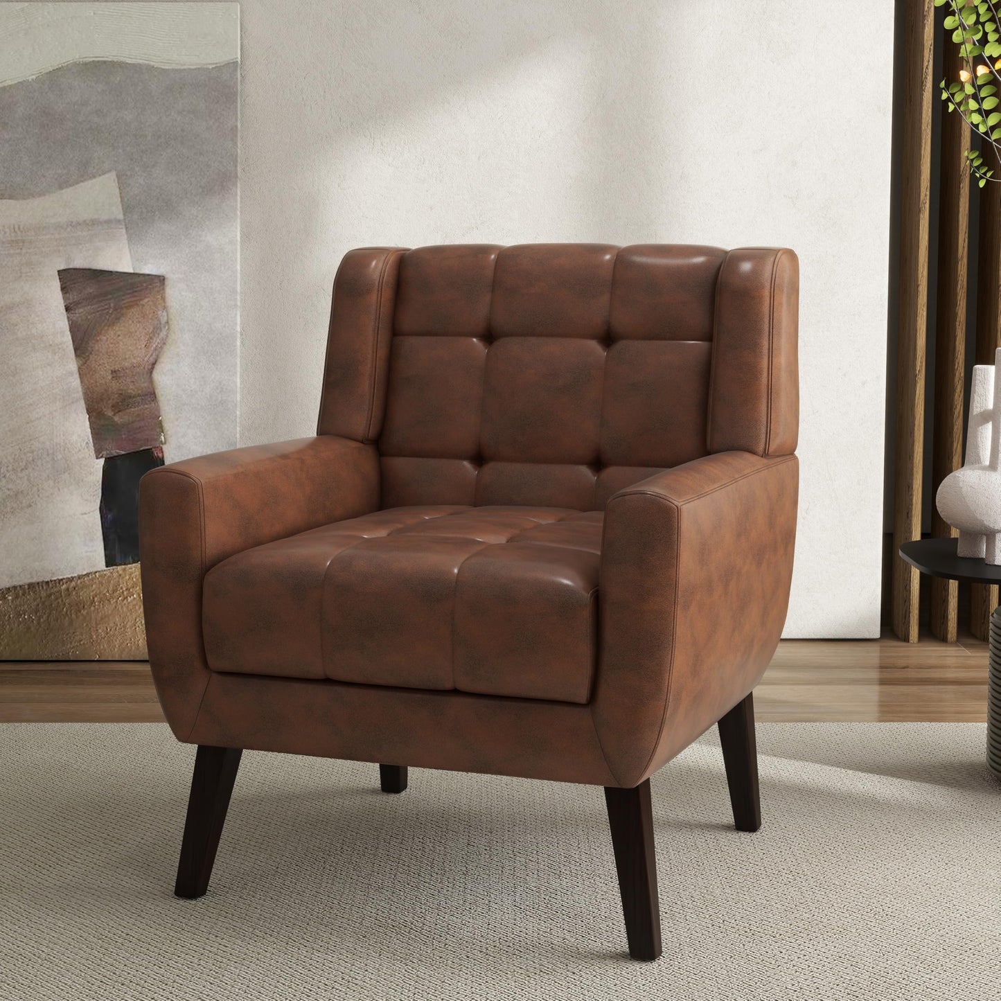 Faux Leather Accent Chairs Set of 2, Mid-Century Modern Upholstered Armchair, Comfy Living Room Chairs Reading Chairs with Button Tufted Back & Solid Wood Legs for Bedroom, Office, Black