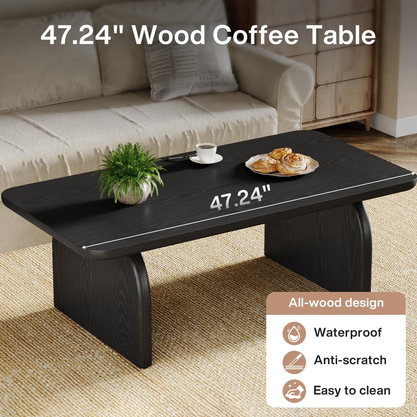 Tribesigns Rectangle Coffee Table, 47-Inch Wood Rectangular Living Room Table, Farmhouse Accent Center Low Cocktail Tea Table with Sturdy Base & Rounded Corners, Easy Assembly (Natural Brown)