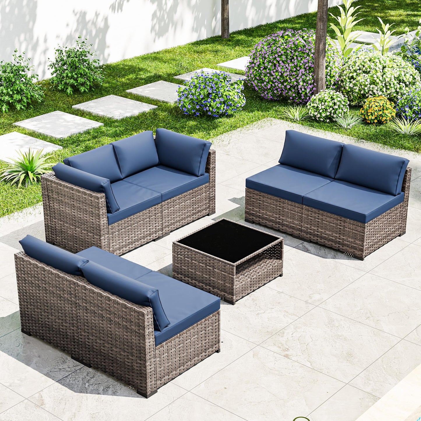 Joyside 5-Piece Patio Furniture Set, Rattan Outdoor Sectional Wicker Patio Conversation Set with Cushions and Coffee Table