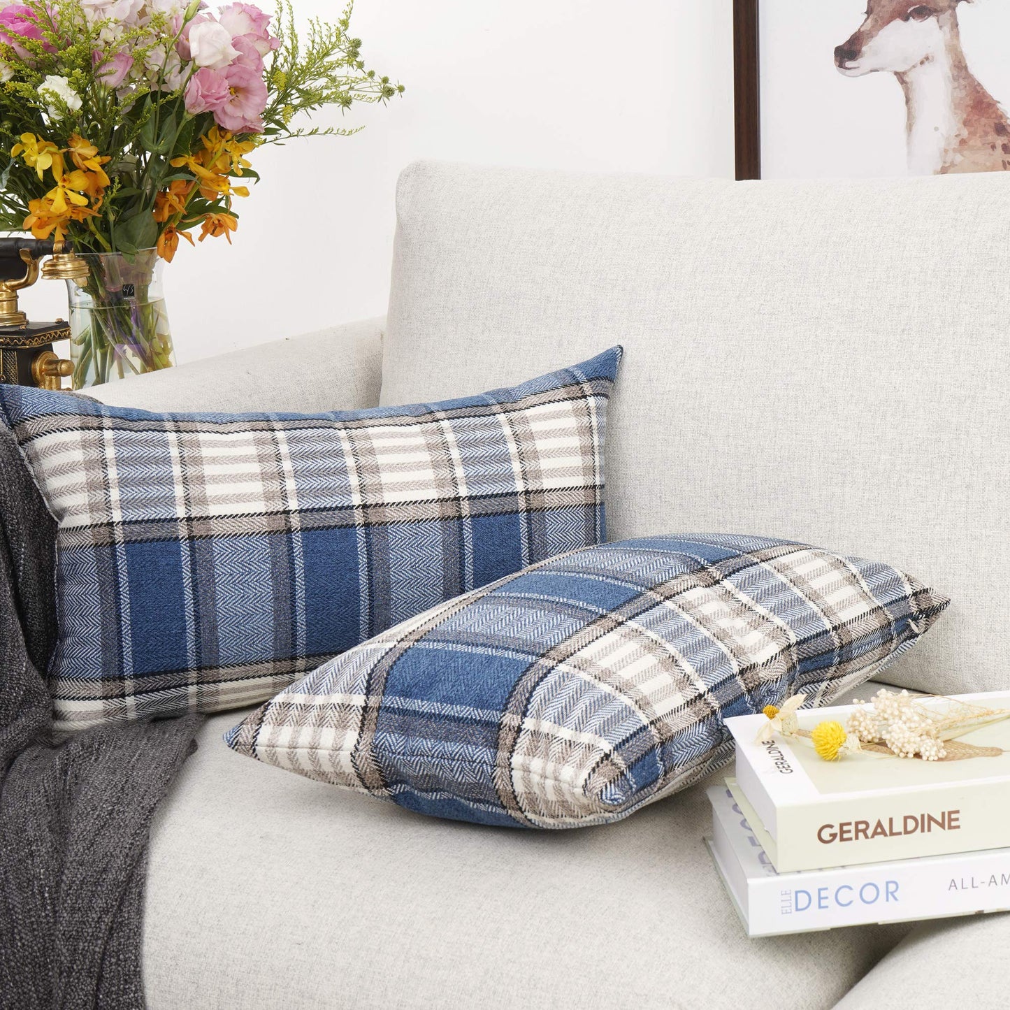 YOUR SMILE Retro Farmhouse Outdoor Buffalo Tartan Chequer Plaid Cotton Linen Decorative Throw Pillow Case Cushion Cover Pillowcase for Sofa 18 x 18 Inch, Set of 2, Khaki/Stripe