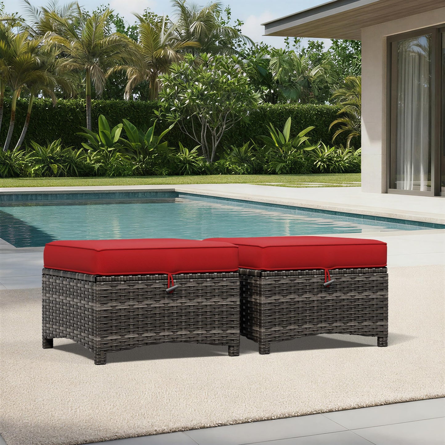 Joyside Outdoor Ottoman Set of 2, Patio Large Ottoman Foot Rest with Thickened Cushions, Outdoor Wicker Foot Stool for Porch, Deck Use