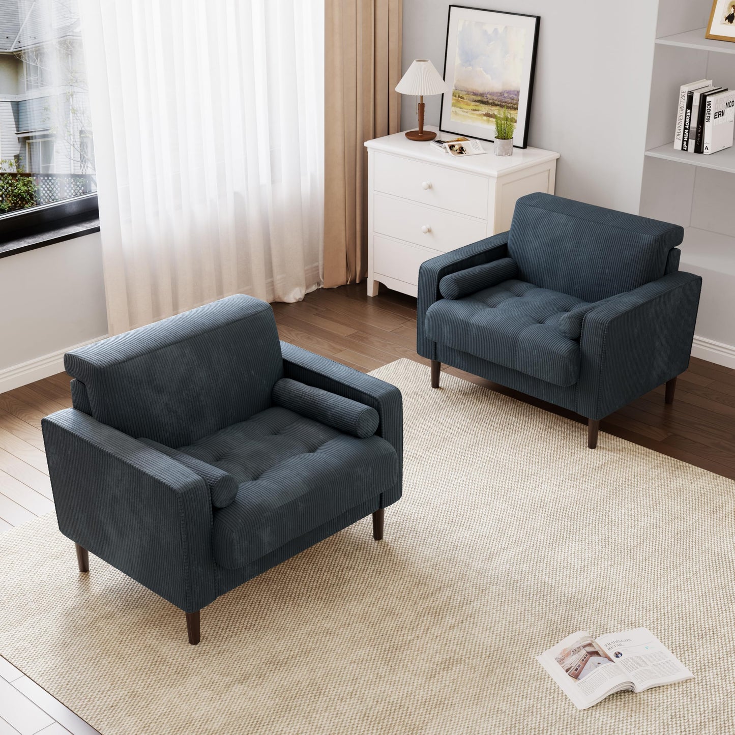 34.5" Arm Chair, Corduroy Fabric Modern Accent Chair, Comfy Upholstered Armchair Reading Chair with Solid Wood Legs for Living Room Bedroom Office, Yellow