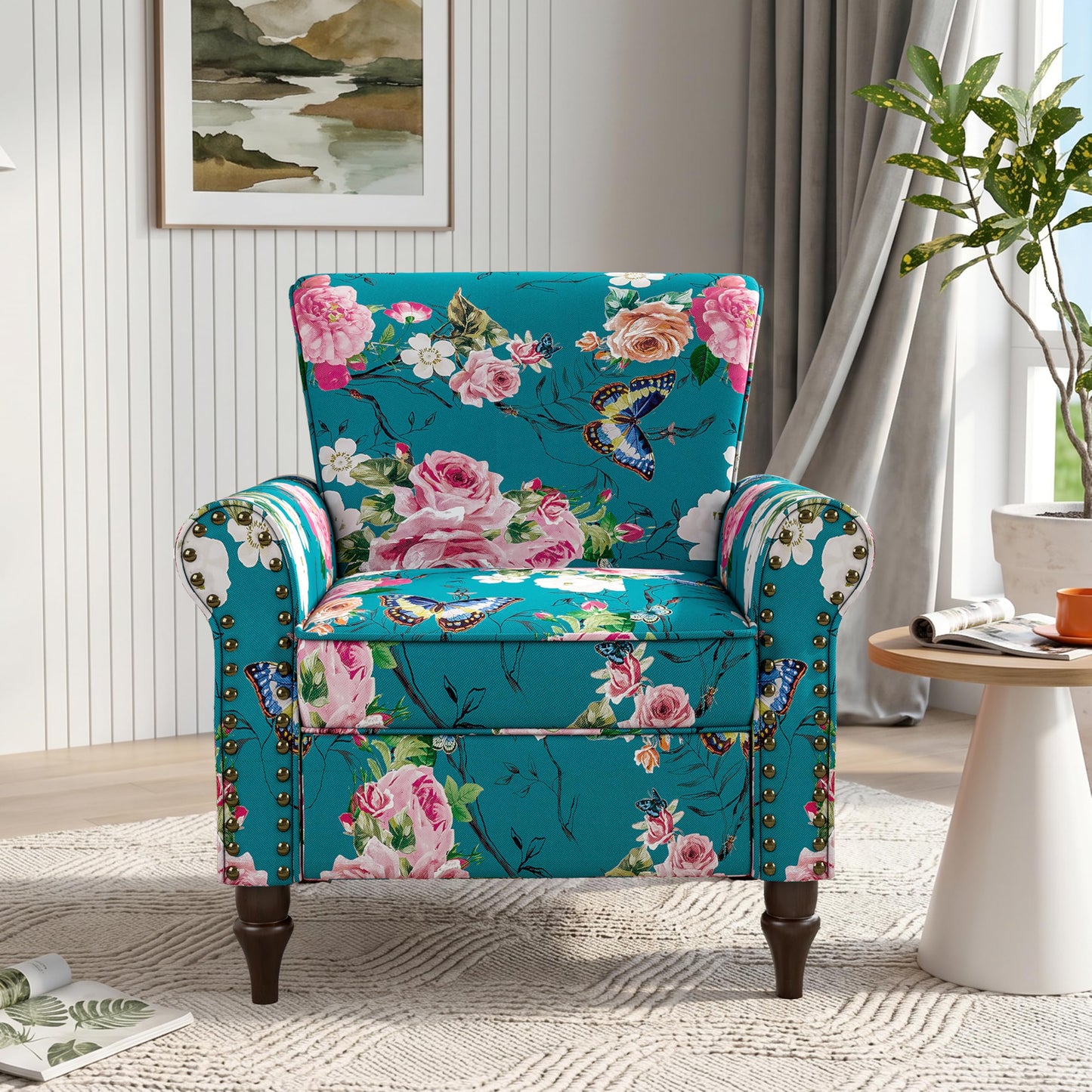 Wingback Accent Chairs Set of 2, Mid-Century Modern Upholstered Armchair Living Room Chair with Nailhead Trim & Rolled Armrest, Comfy Lounge Chair Single Sofa Chair for Bedroom, Light Blue