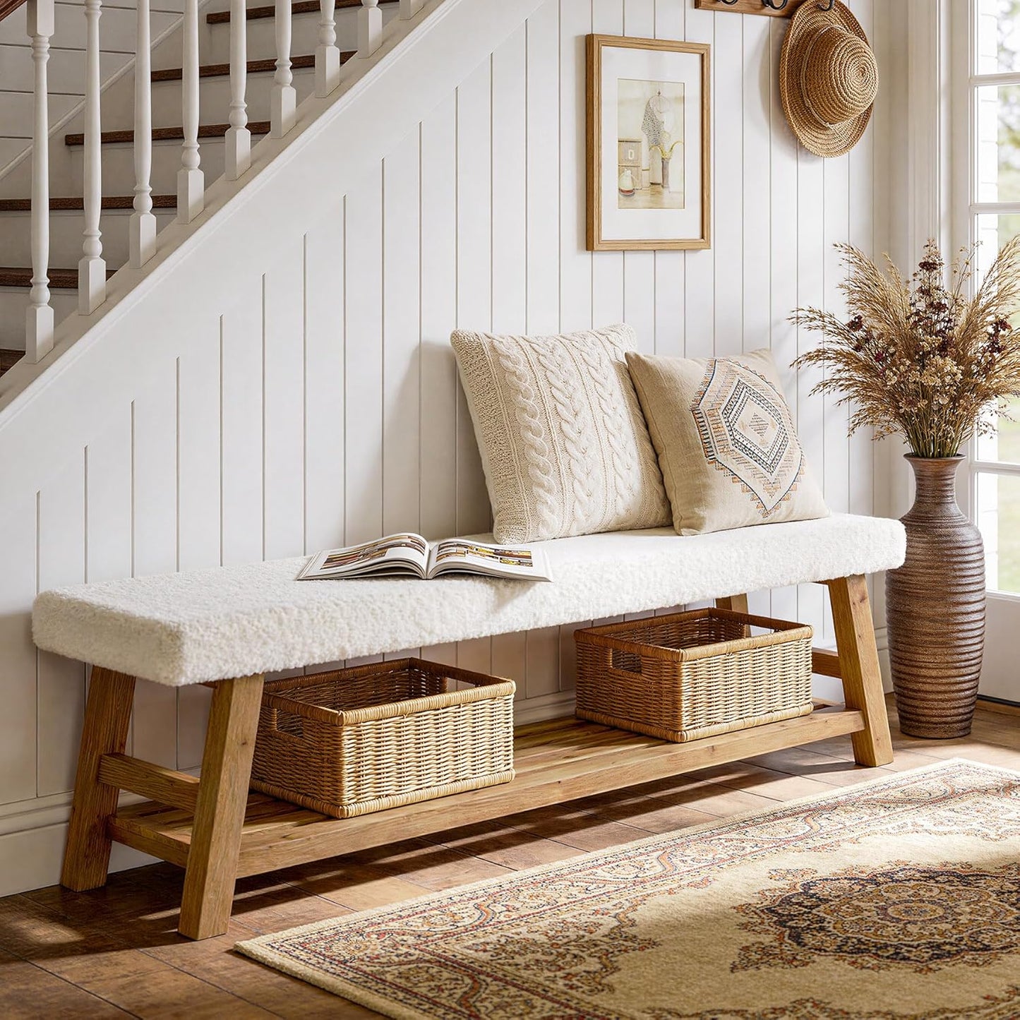 55-Inch Upholstered Entryway Bench, 2-Tier Solid Wood Shoe Bench with Cushion and Storage, Modern End of Bed Seating for Bedroom, Entryway, Hallway, Living Room, White & Brown
