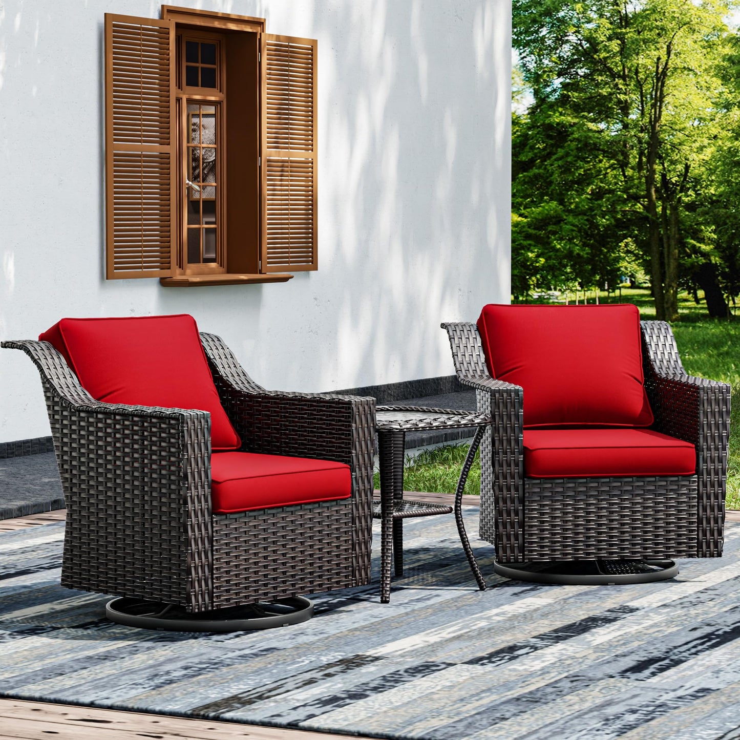 Joyside Patio Sofa - 3 Seater Rattan Sofa, All Weather High Back Sofa, Upgraded Large Size with 4inch Seat Cushions for Backyard, Garden, Poolside (Brown/Blue)