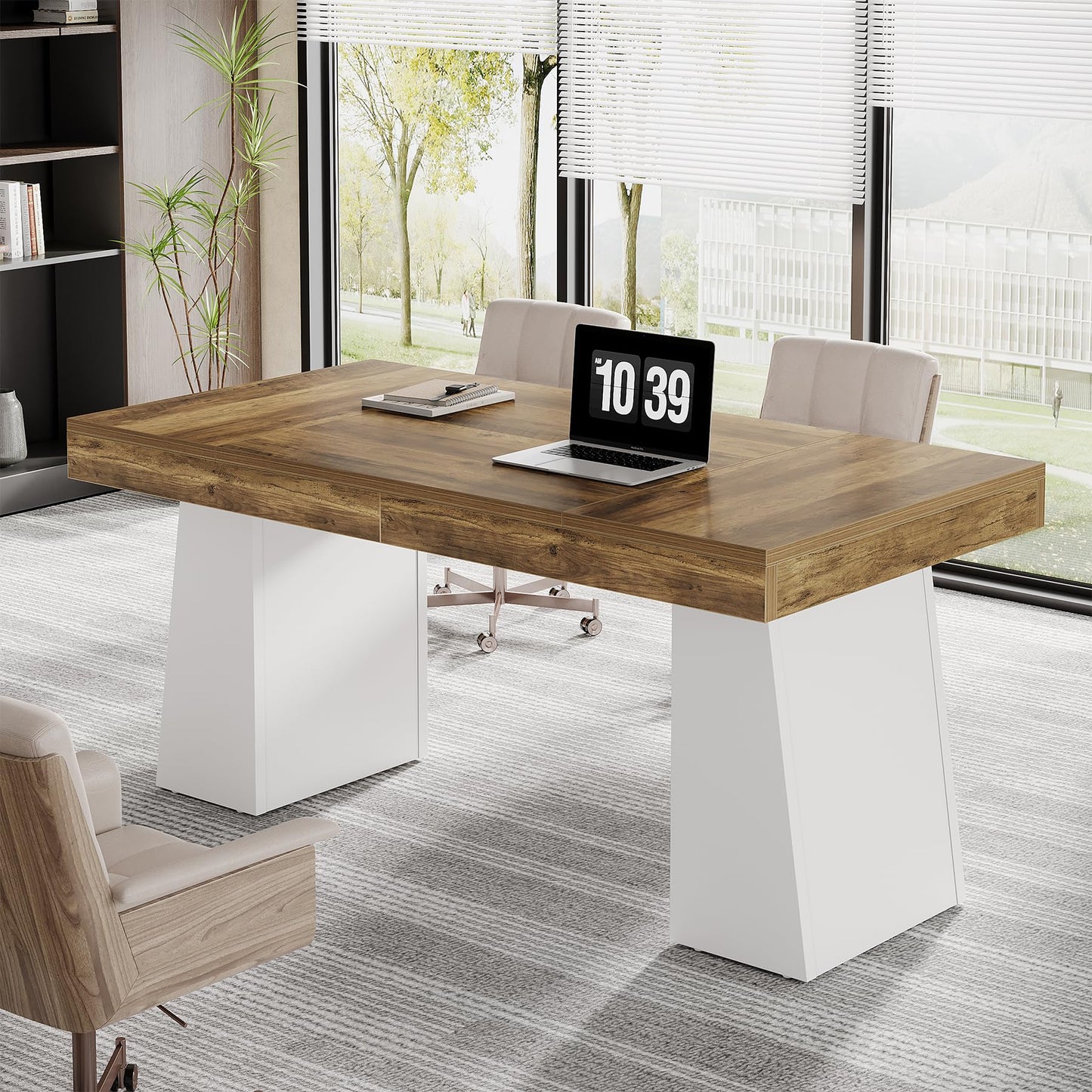 Tribesigns 55 Inches Executive Desk, Mid-Century Modern Home Office Desk, Wood MDF Computer Table Business Workstation Small Conference Table, Light Brown
