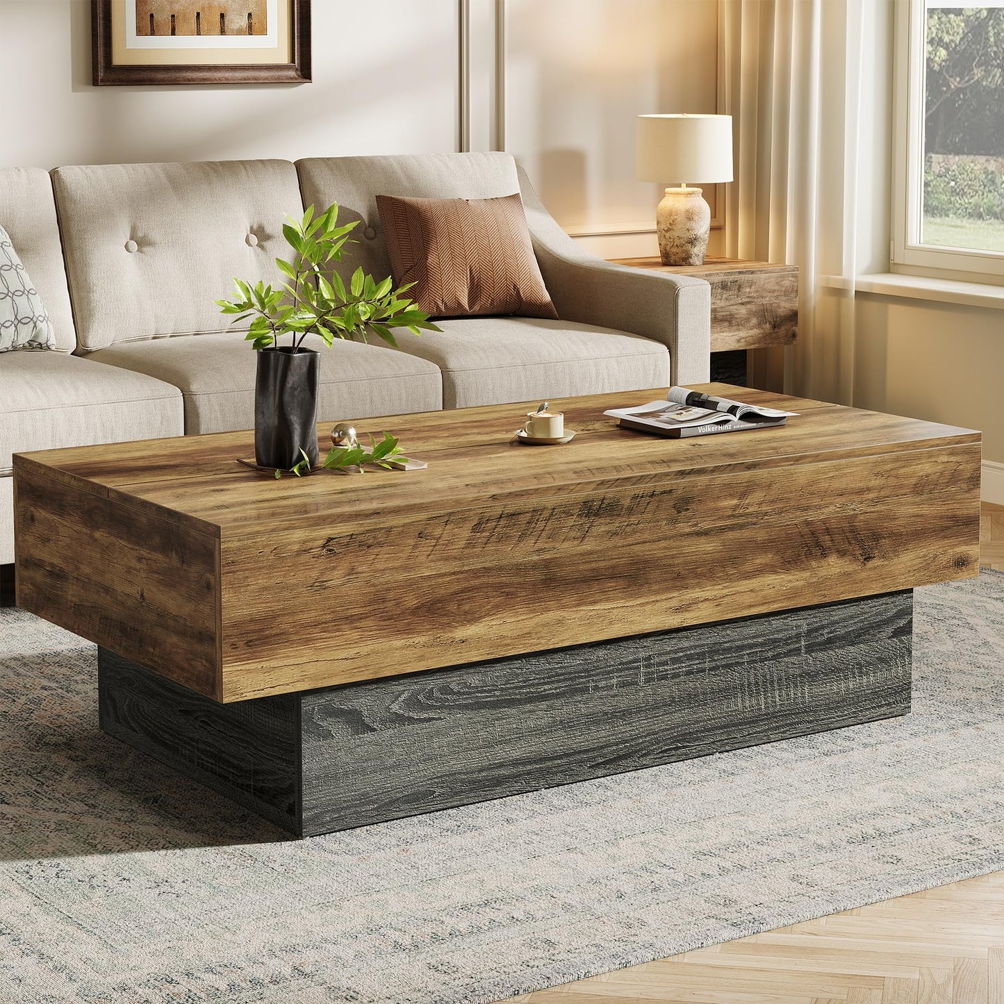 Tribesigns Modern Black Coffee Table, 55-Inch Rectangle Wooden Tea Table, Large Center Table for Living Room, Reception Room