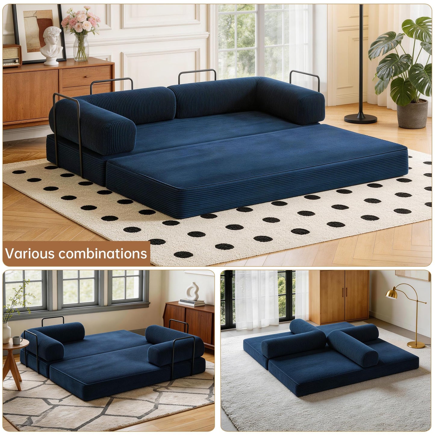 79'' Convertible Sleeper Sofa Bed, 4-in-1 Corduroy Folding Floor Couch, No Assembly Modular Boneless Loveseat with Pull Out Bed, Comfy Foldable Sofa Bed for Living Room Bedroom Guest Room, Gray