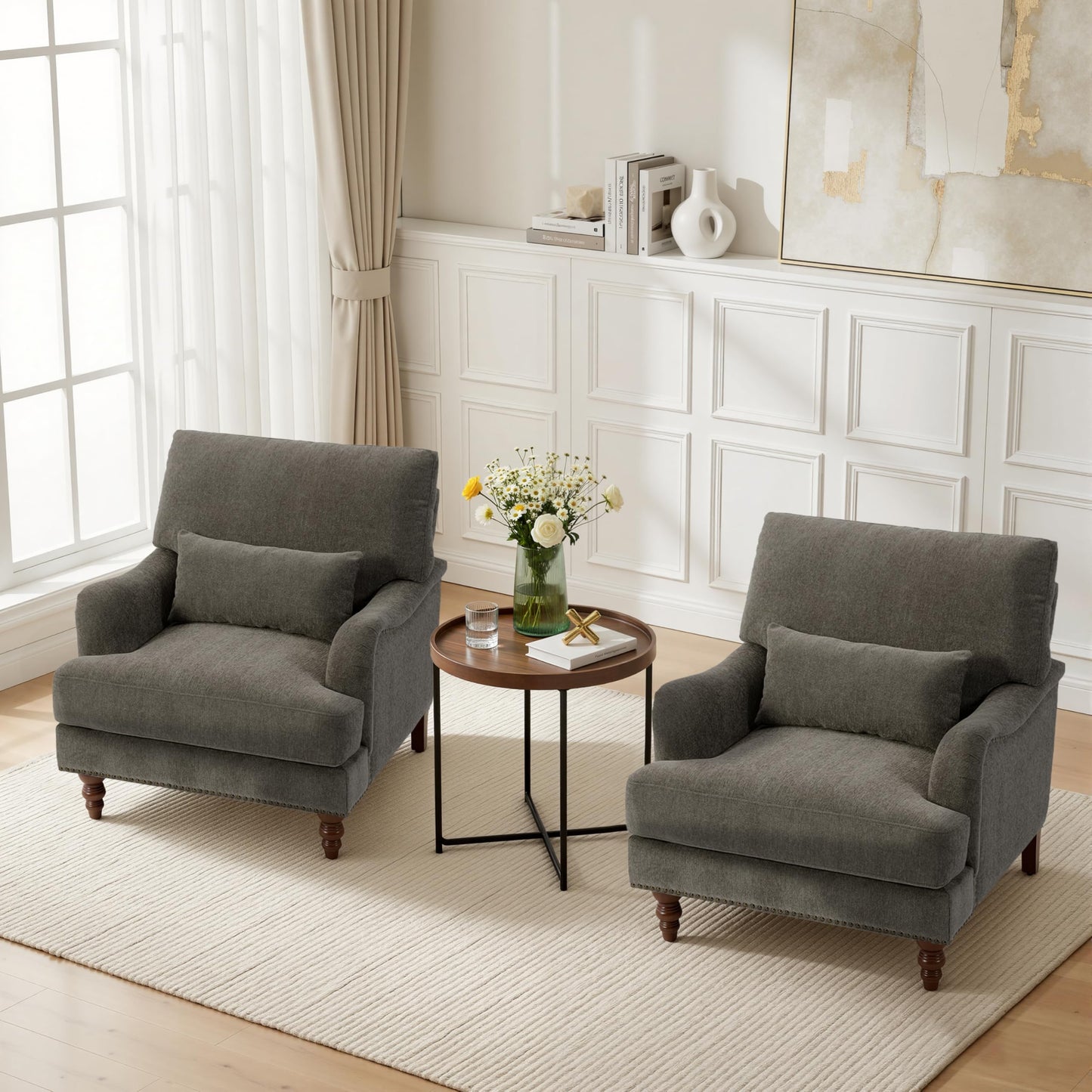 Accent Chair for Living Room, Upholstered Armchair with Nailhead Trim & Solid Wood Legs, Mid Century Modern Club Chair for Bedroom/Reading Room, Rococo Green