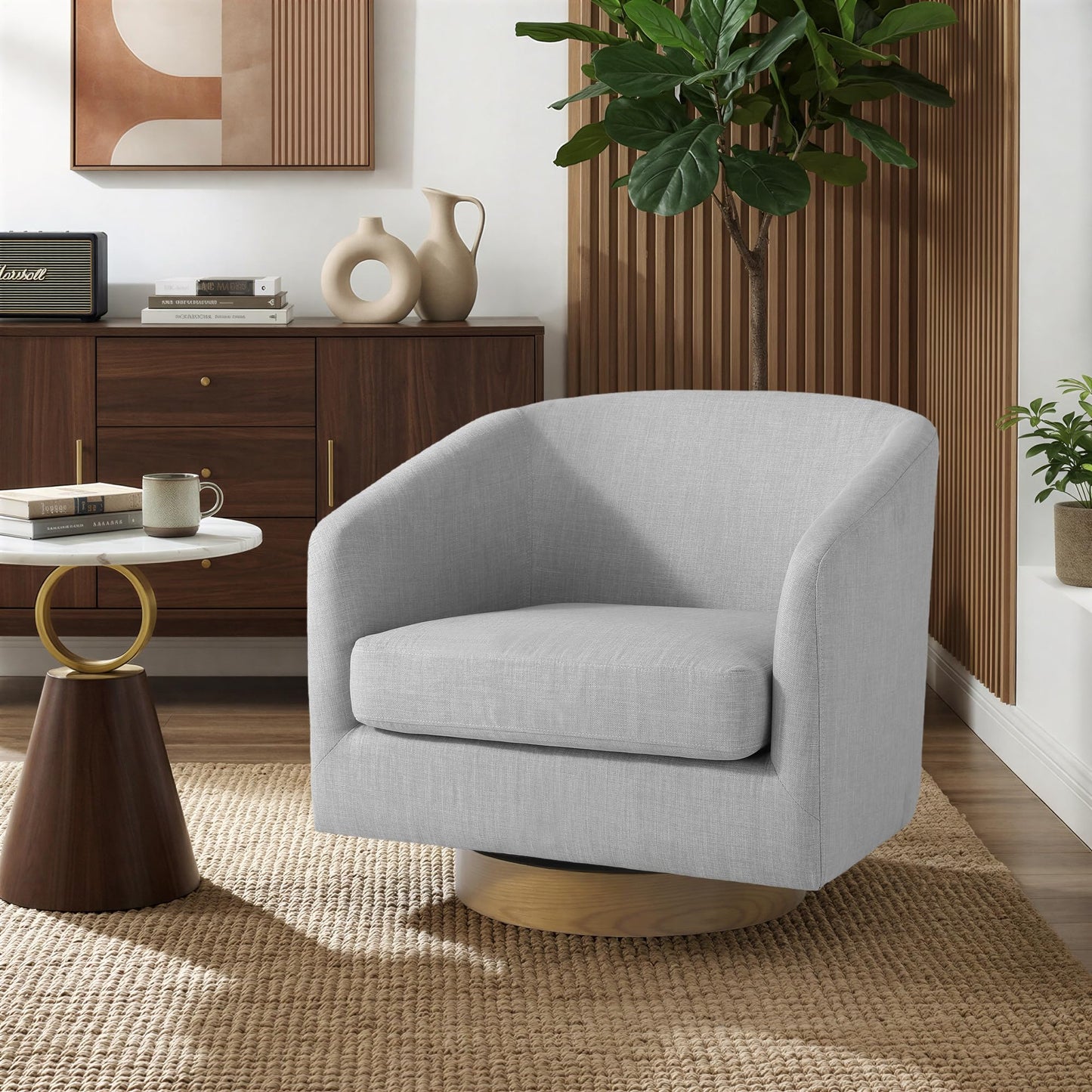 Swivel Barrel Chairs Set of 2, 31" W Modern Faux Leather Round Swivel Accent Chair for Living Room, 360° Rotation Upholstered Armchair Club Chair for Bedroom, Reading Room, Office (Brown)