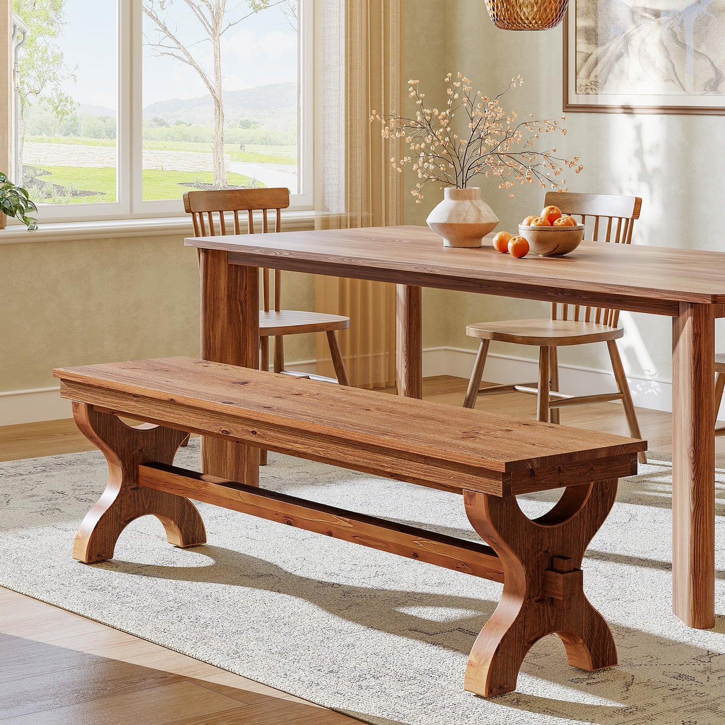 Solid Wood Entryway Bench, 55-Inch Farmhouse Indoor Bench, Narrow Hallway Seat for Living Room, Bedroom (1, Brown)