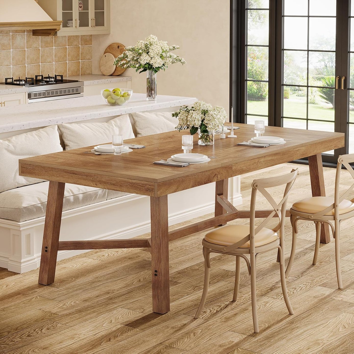 Tribesigns 70.9-Inch Dining Table for 6-8, Large Farmhouse Kitchen Table with Reinforced Metal Legs for Kitchen & Dining & Living Room, Natural