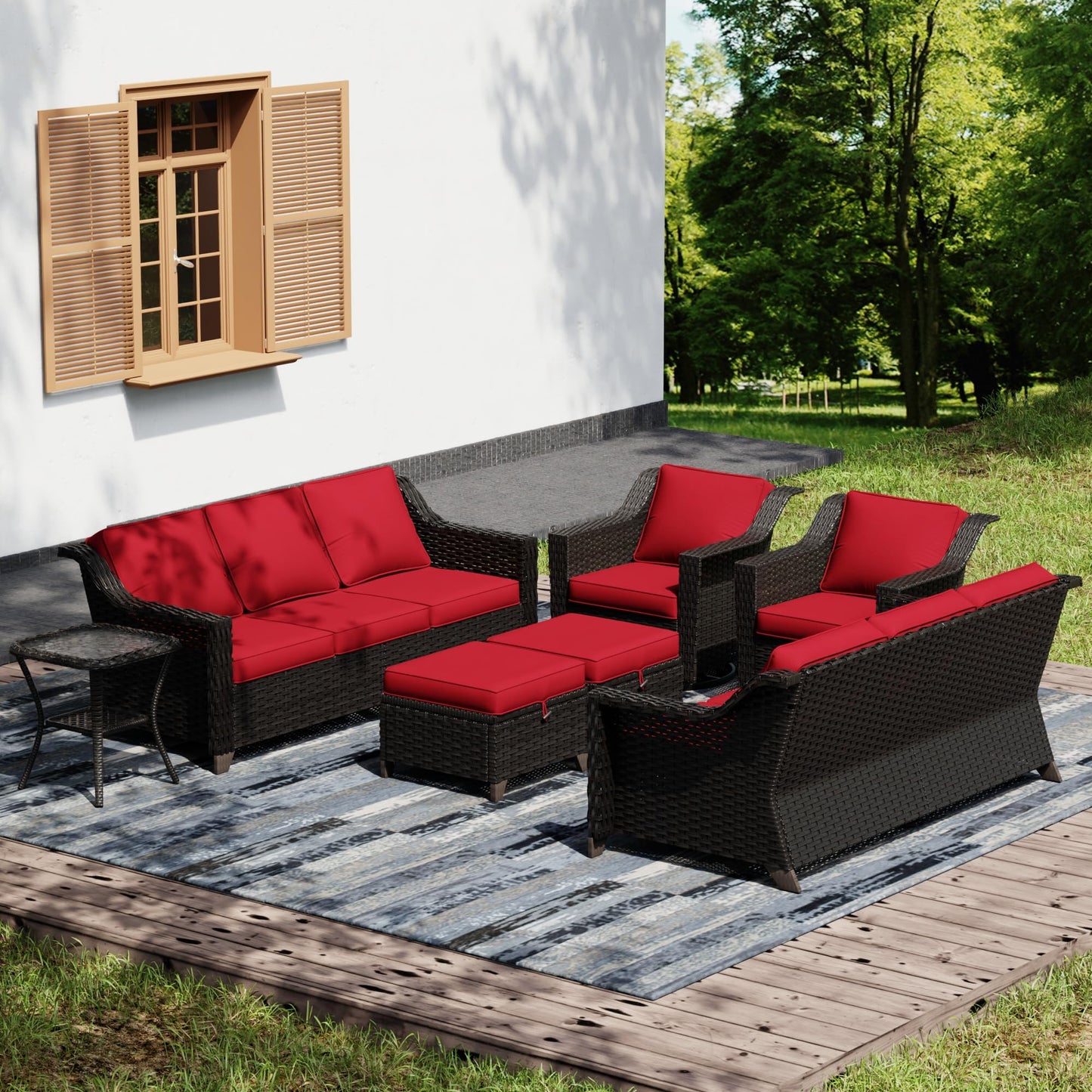 Joyside Patio Sofa - 3 Seater Rattan Sofa, All Weather High Back Sofa, Upgraded Large Size with 4inch Seat Cushions for Backyard, Garden, Poolside (Brown/Blue)