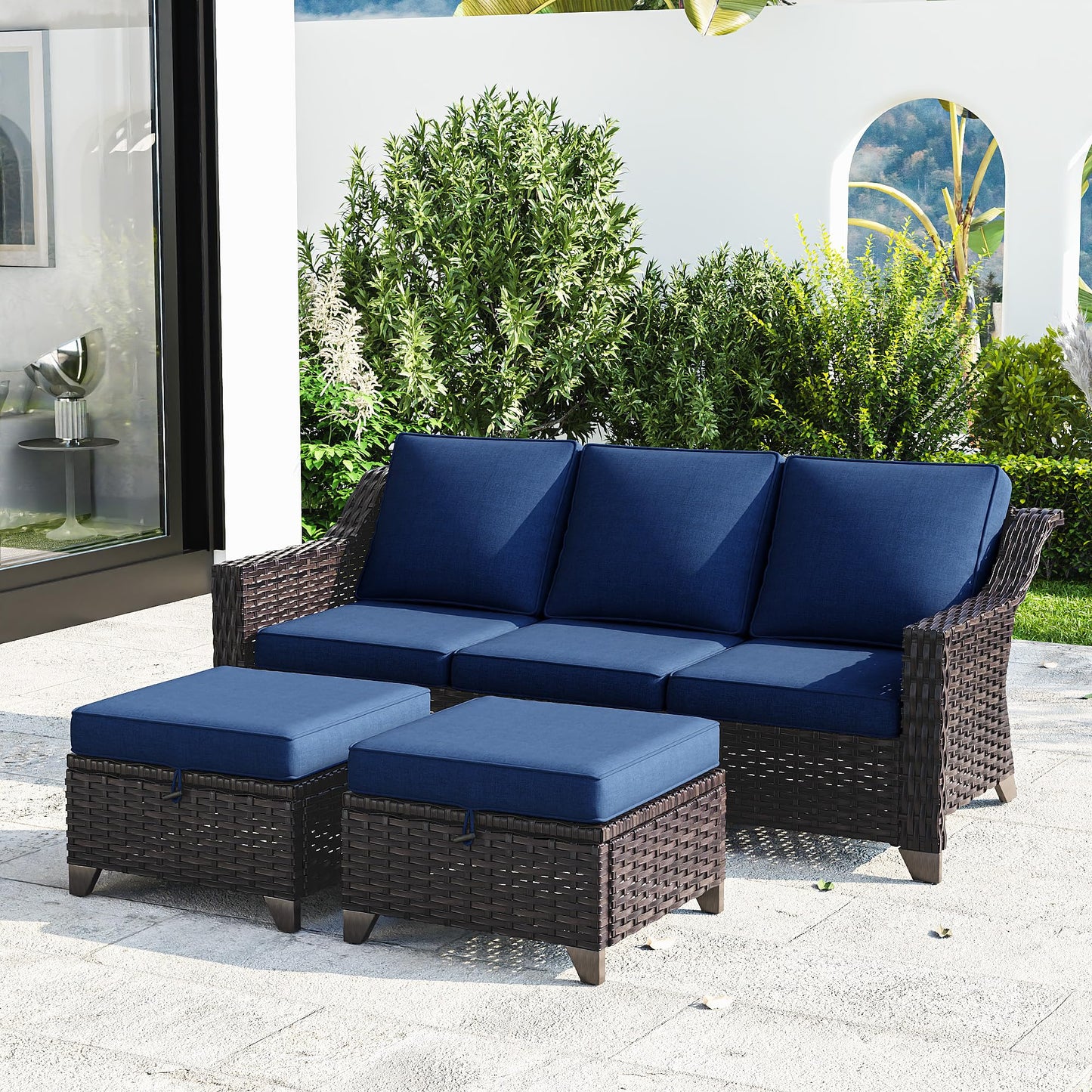 Joyside Patio Sofa - 3 Seater Rattan Sofa, All Weather High Back Sofa, Upgraded Large Size with 4inch Seat Cushions for Backyard, Garden, Poolside (Brown/Blue)