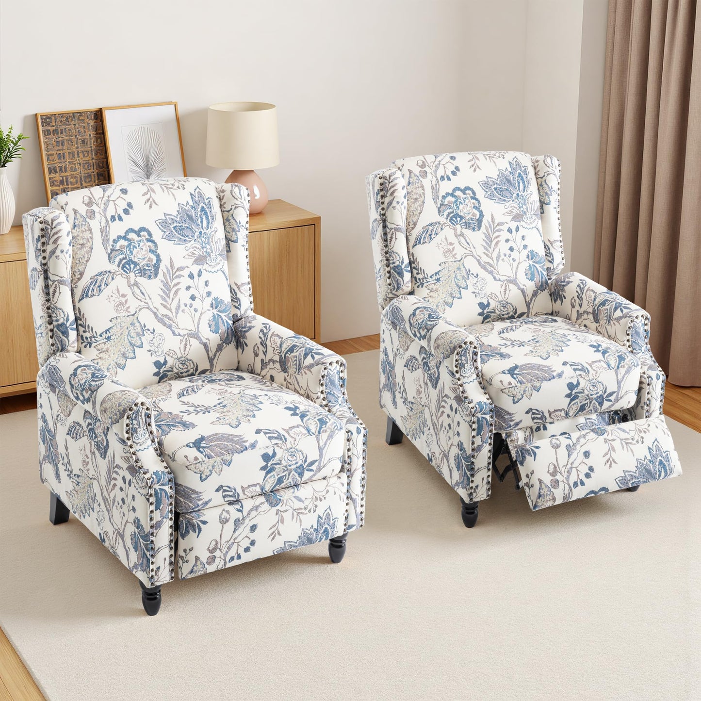 Pushback Recliner Chair, Printed Fabric Wingback Recliner Chair for Living Room, Upholstered Armchair Push Back Recliner with Wood Legs, Rivet Trim Wingback Accent Chair for Bedroom, Navy