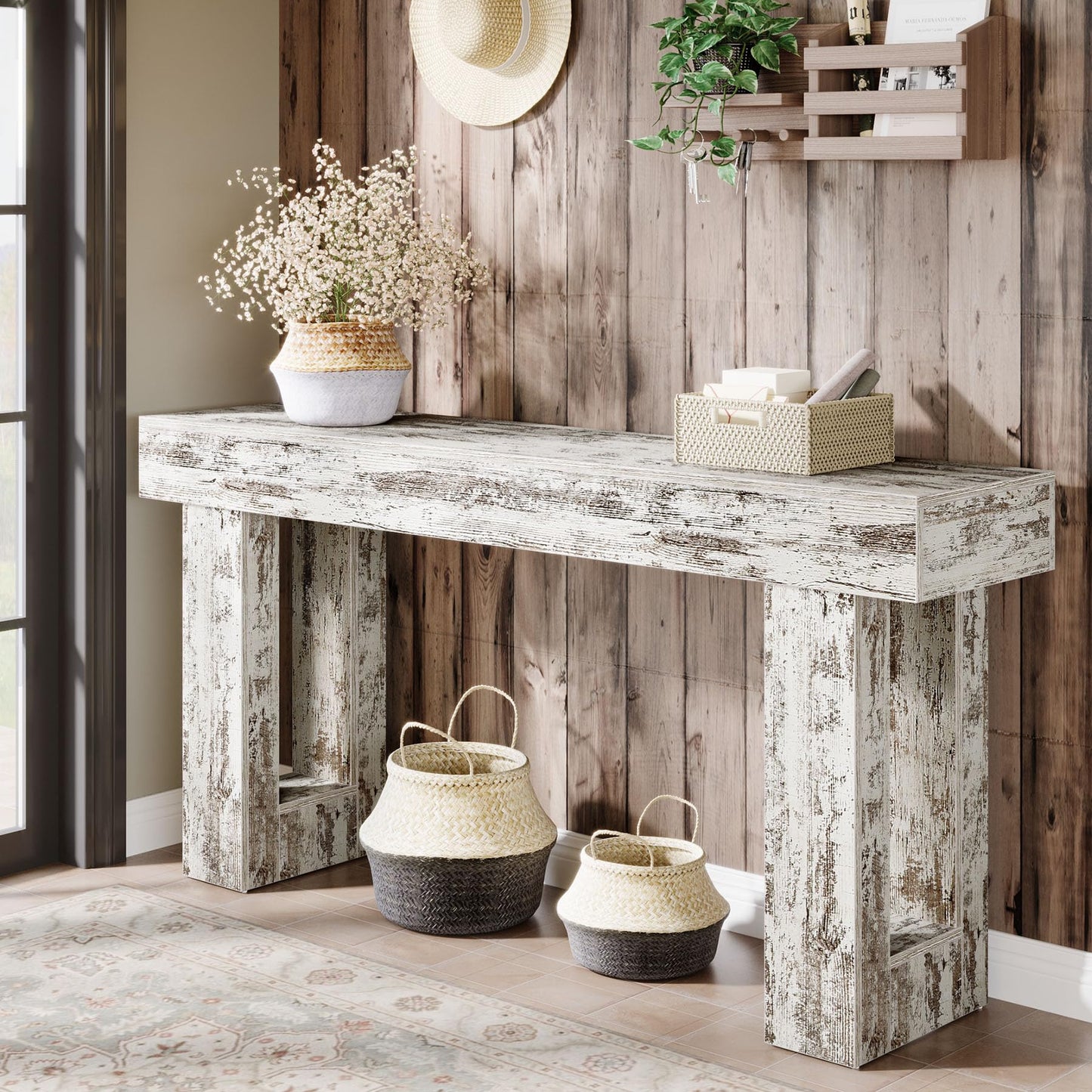 Tribesigns Farmhouse Console Table, 63-Inch Long Narrow Sofa Table Behind The Couch, Wooden Rectangular Entryway Table for Entrance, Hallway, Living Room (Natural)