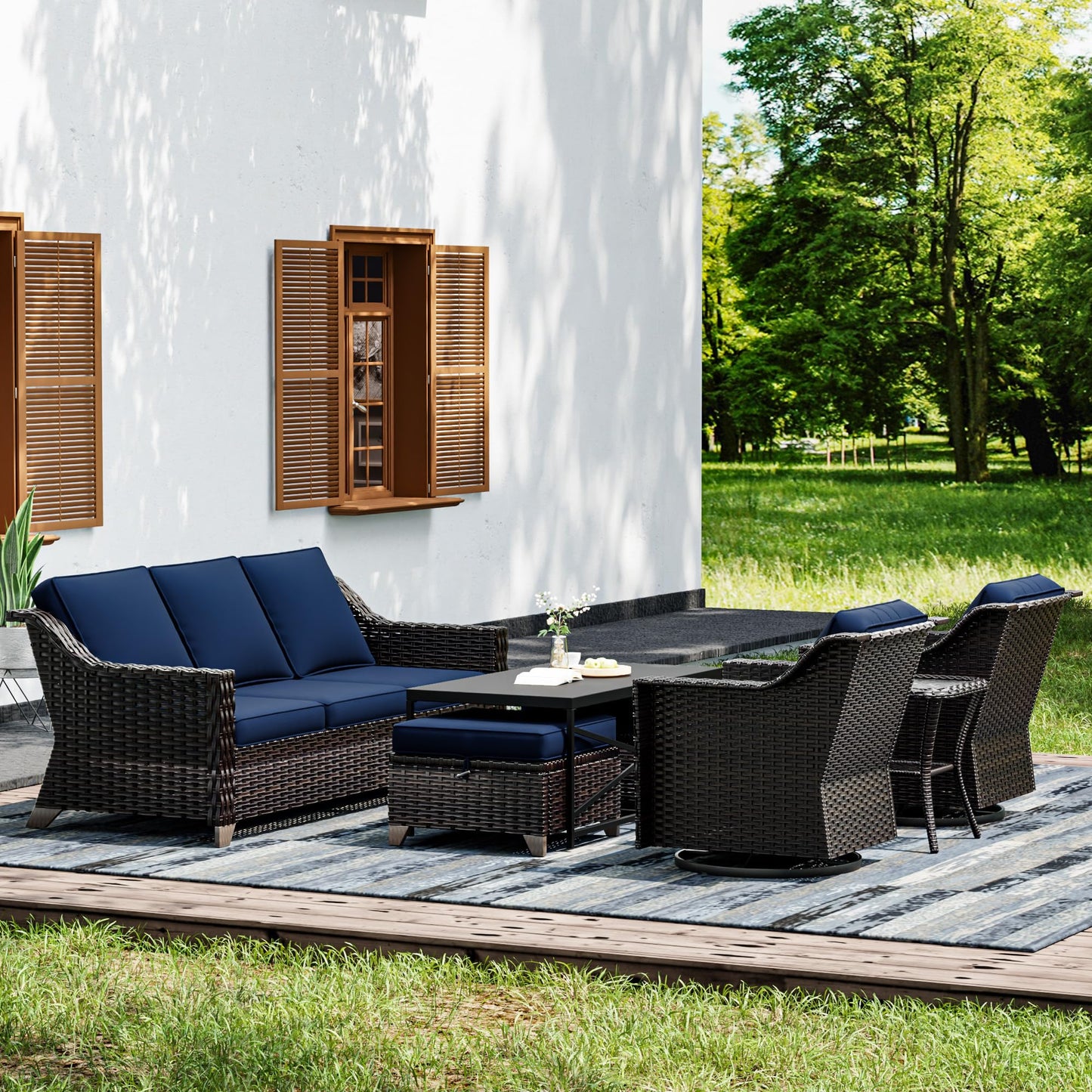 Joyside Patio Sofa - 3 Seater Rattan Sofa, All Weather High Back Sofa, Upgraded Large Size with 4inch Seat Cushions for Backyard, Garden, Poolside (Brown/Blue)