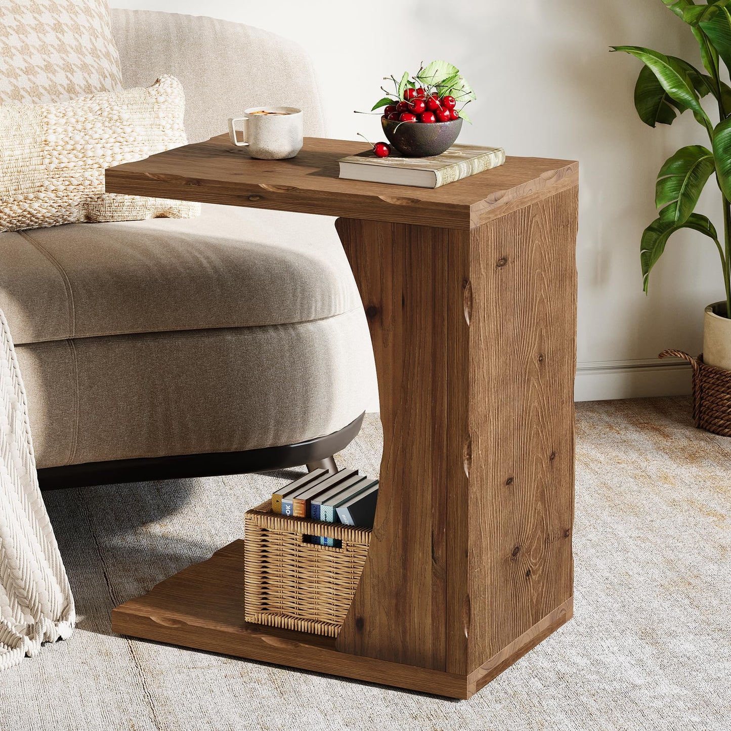 C-Shaped End Table for Living Room, Solid Wood Narrow Skinny Side Table for Couch, Farmhouse Bedside Nightstand with Storage Shelf for Bedroom, Small Place, Easy Assembly, Rustic Brown,1PCS