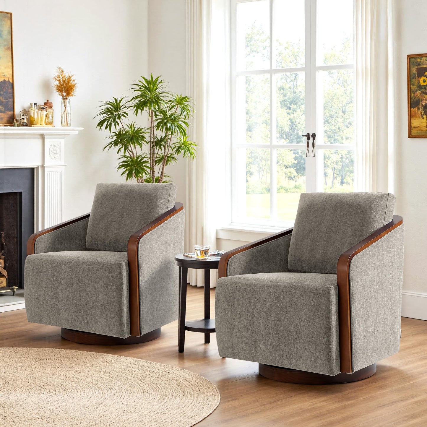 360° Swivel Barrel Chairs Set of 2, Upholstered Swivel Round Barrel Chair, Comfy Chenille Fabric Single Club Armchair Accent Chair for Living Room, Reading Room, Bedroom, Beige Brown