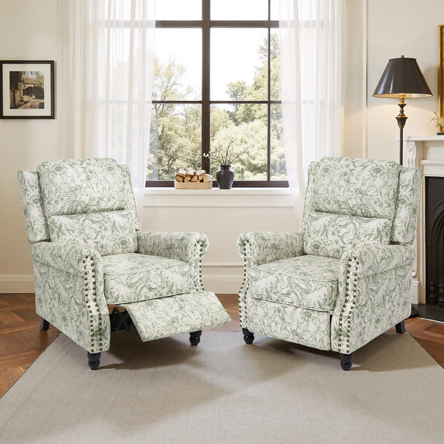 Pushback Recliner Chairs Set of 2, Comfy Fabric Wingback Recliner Chair, Upholstered Armchair Push Back Recliner with Wood Legs, Rivet Trim Accent Chair for Living Room, Bedroom, Blue Stripe