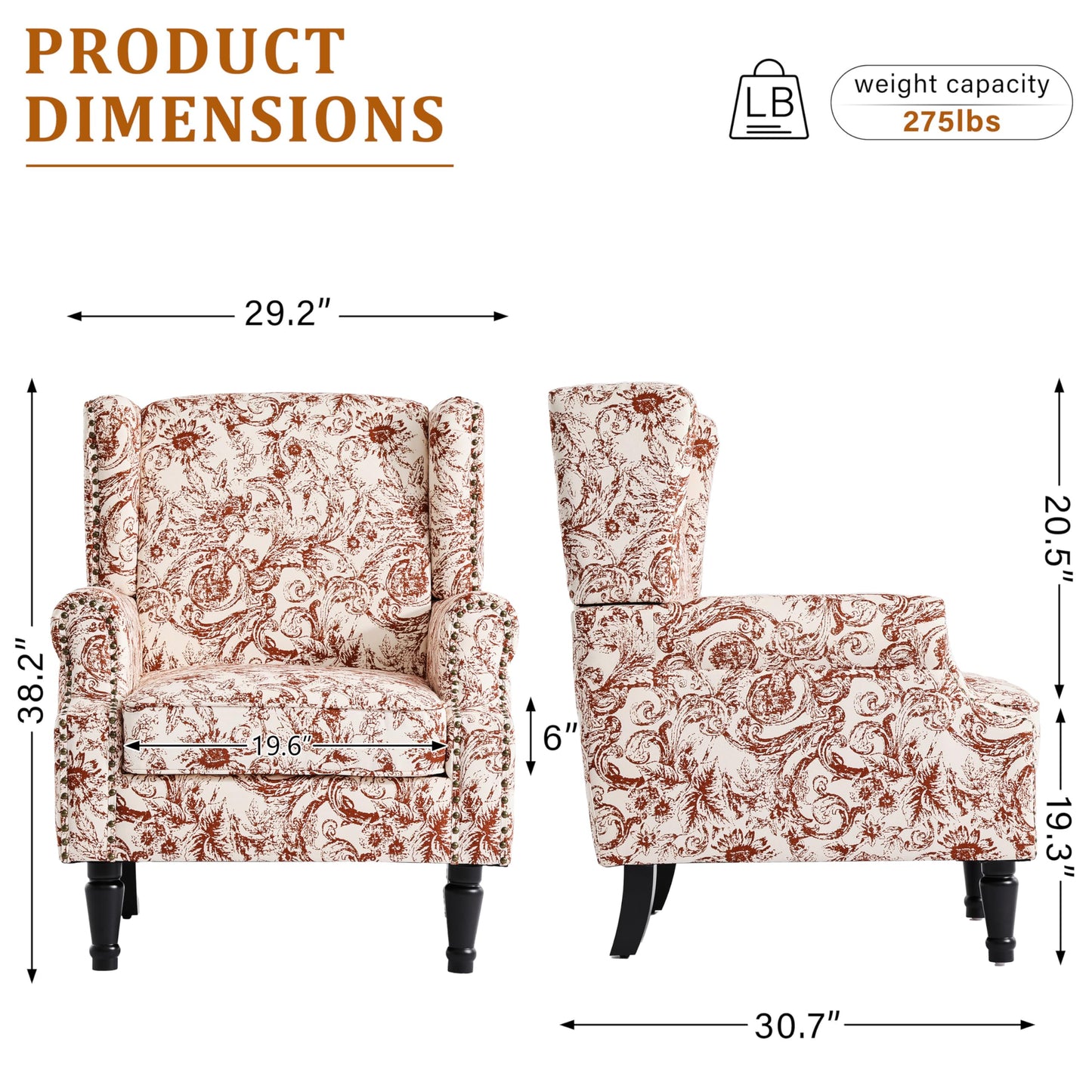 Floral Wingback Accent Chair, High Back Upholstered Armchair, Comfy Fabric Wingback Arms Chairs with Solid Wood Legs, Single Sofa Reading Chair for Bedroom Living Room, Beige
