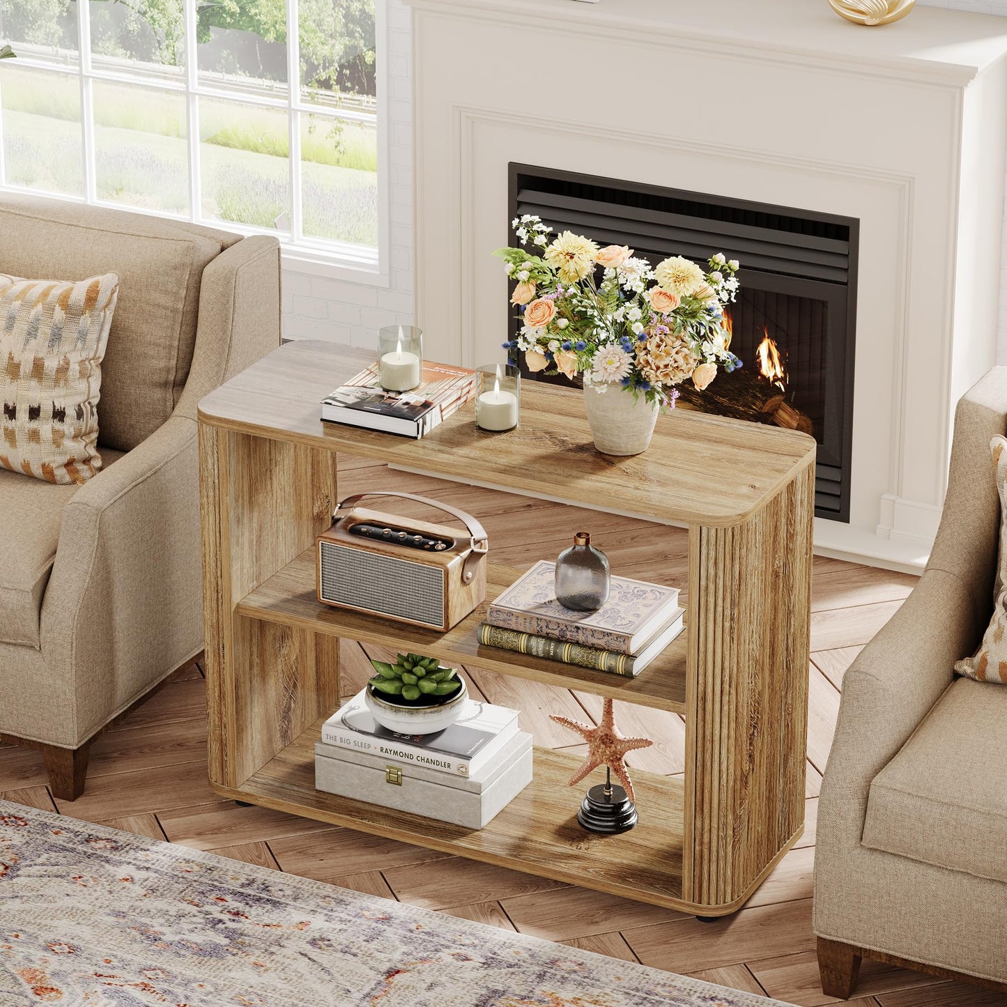 Tribesigns Narrow Side Table, 3-Tier End Table for Living Room, Small Fluted Nightstand with Storage Shelves, Farmhouse Bedside Table for Bedroom, Small Spaces, Sofa Couch, Dark Walnut