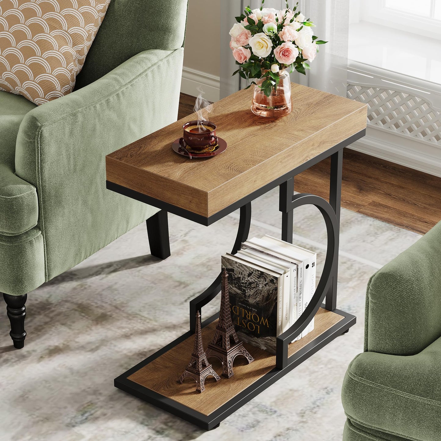 Tribesigns Narrow Side Table for Couch, C Shaped End Table with Metal Frame, Modern Bedside Tables, Small Sofa Tables for Small Spaces, Living Room (1, Brown+Black)