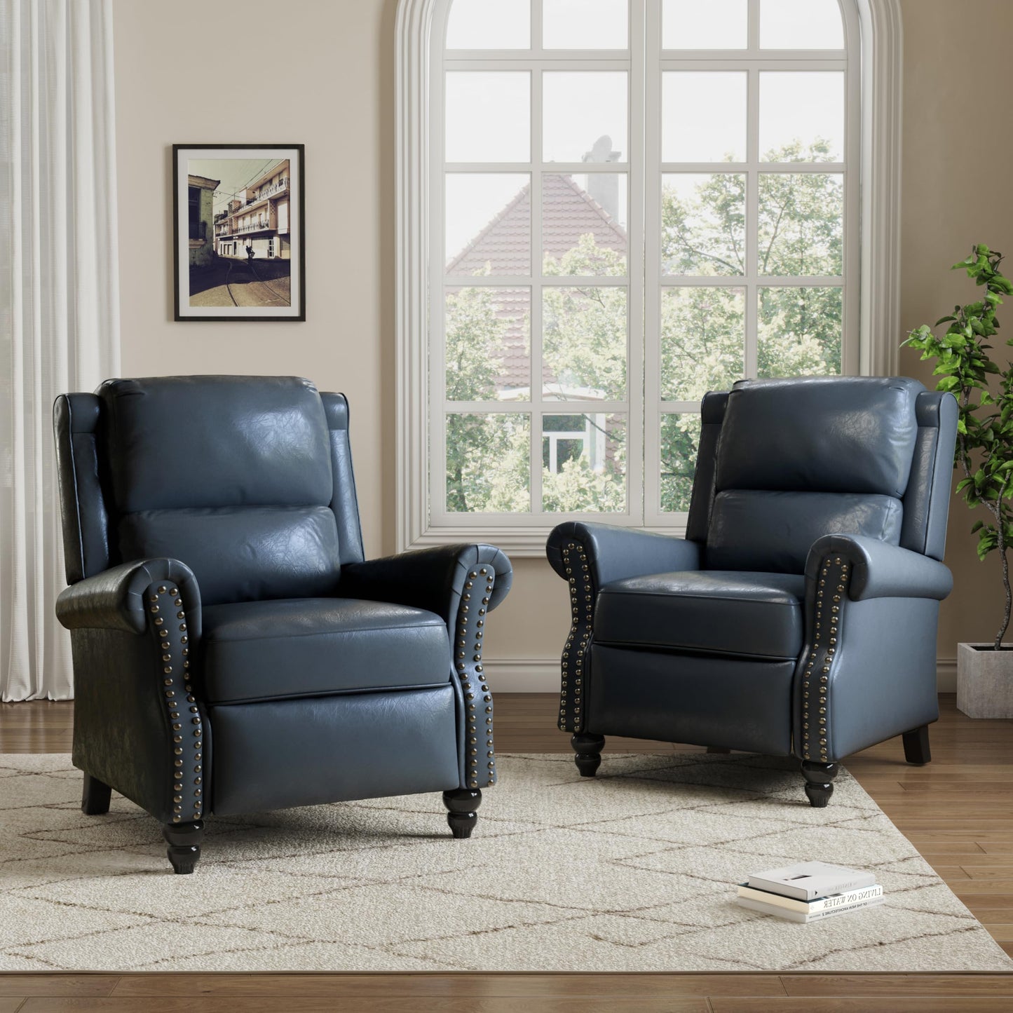 Pushback Recliner Chairs Set of 2, Comfy Fabric Wingback Recliner Chair, Upholstered Armchair Push Back Recliner with Wood Legs, Rivet Trim Accent Chair for Living Room, Bedroom, Blue Stripe