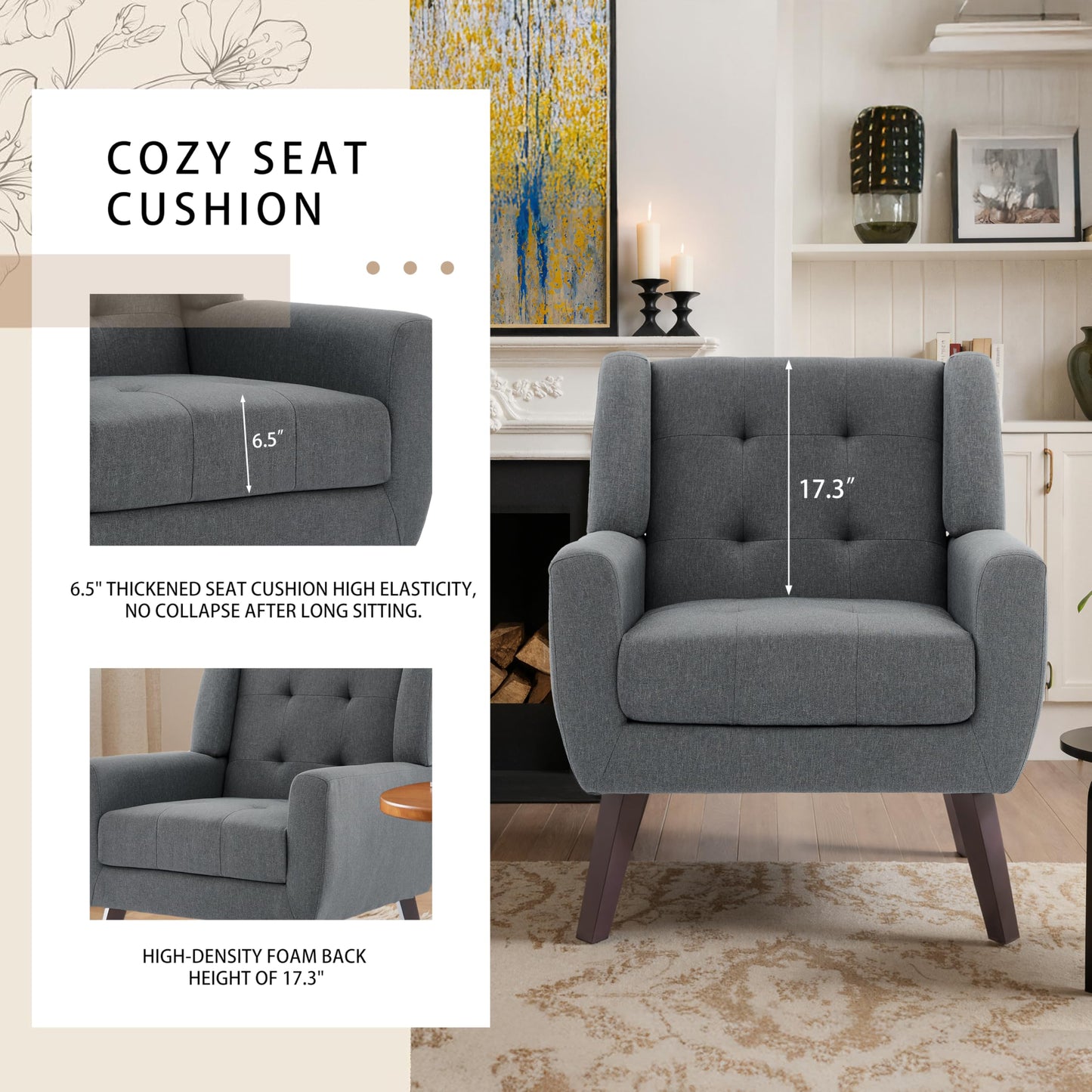 Faux Leather Accent Chairs Set of 2, Mid-Century Modern Upholstered Armchair, Comfy Living Room Chairs Reading Chairs with Button Tufted Back & Solid Wood Legs for Bedroom, Office, Black