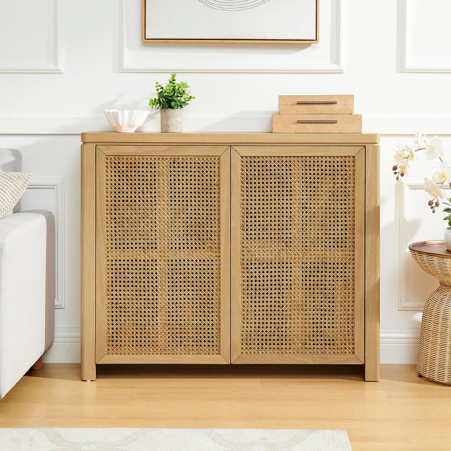 LKTART 63" Rattan Sideboard Buffet Cabinet,Kitchen Storage Cabinet,Wood Coffee Bars with 4 Doors & Open Storage Shelves,Mid Century Modern Credenza Console Table for Living Room,Walnut