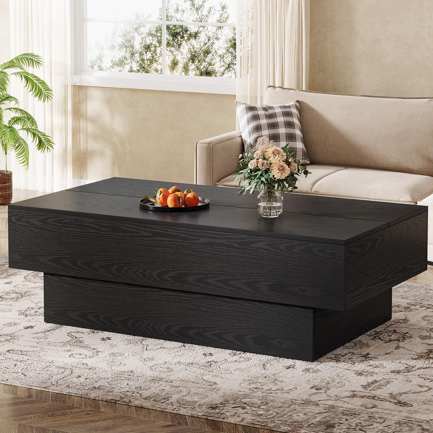 Tribesigns Modern Black Coffee Table, 55-Inch Rectangle Wooden Tea Table, Large Center Table for Living Room, Reception Room