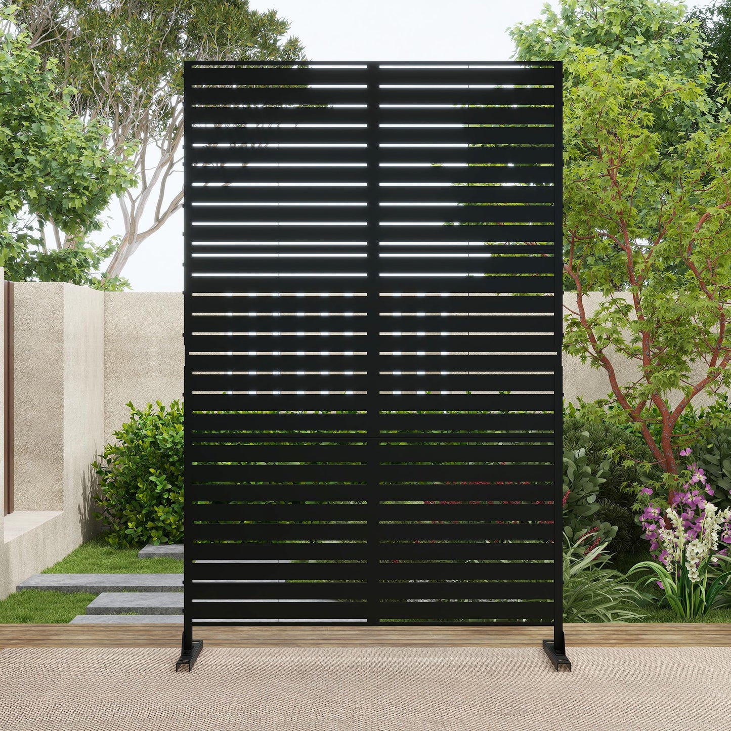Outdoor Metal Privacy Screen with Stand, 72" H x 47" W Freestanding Outdoor Patio Divider, Decorative Patio Privacy Fence Panel for Garden Backyard Balcony Porch (Brown-Crossbanding)